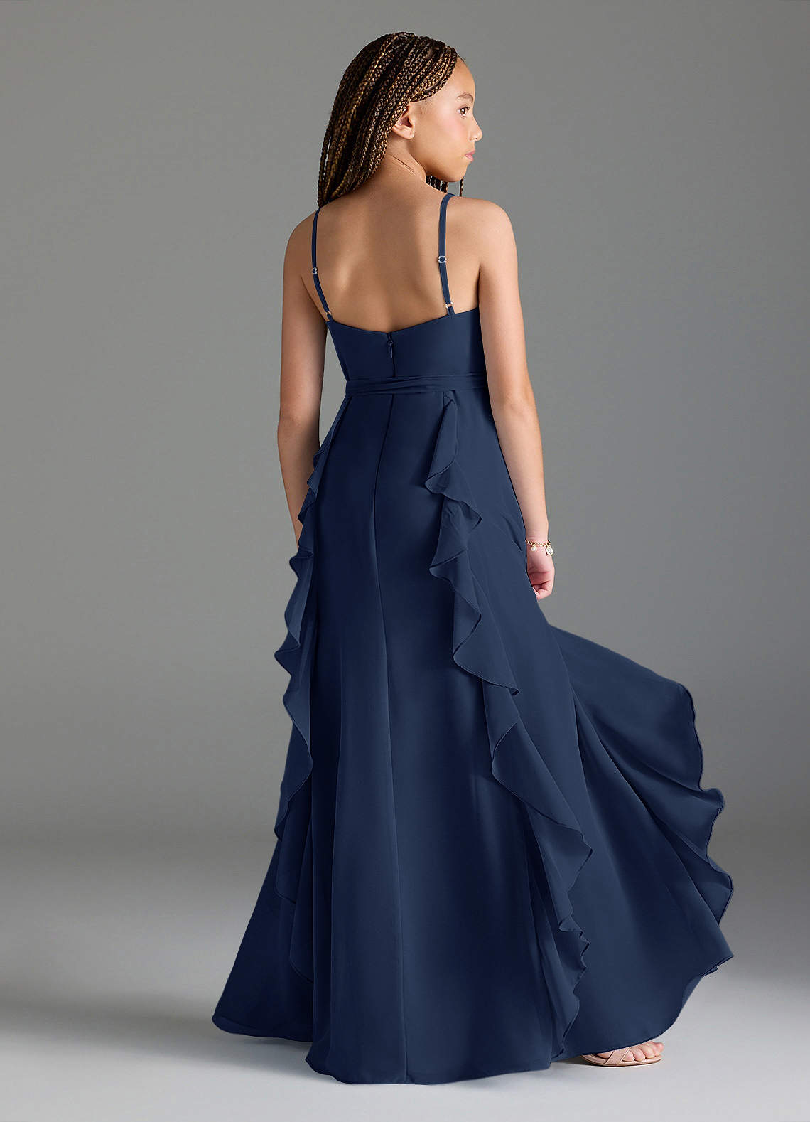 Azazie Peyton Junior Dark Navy A-Line V-Neck Cascading Ruffles Chiffon Dress image1