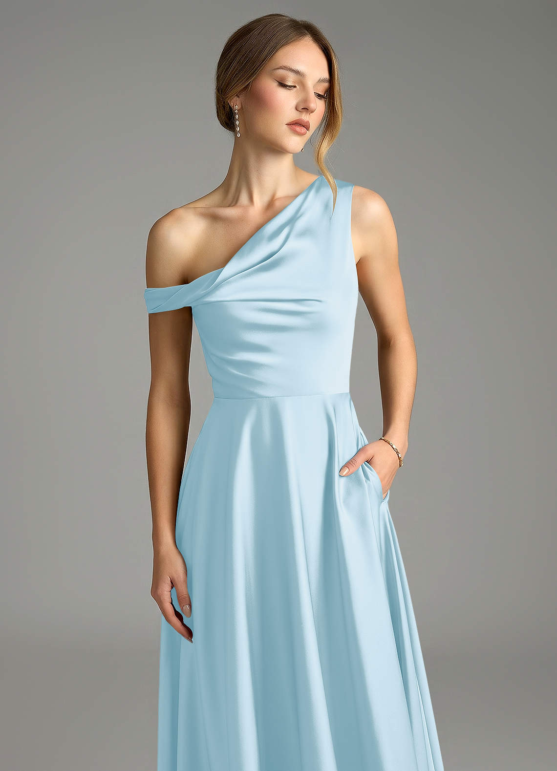 Azazie Xanthe Jurken voor bruidsmeisjes Jurk van Stretch Satijn met A-Lijn Off the Shoulder Hemelsblauw image4