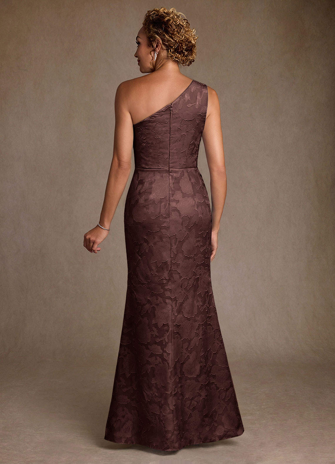 Azazie Joylin Mother of the Bride Dresses Espresso Trumpet One Shoulder Floral Burnout Dress image1