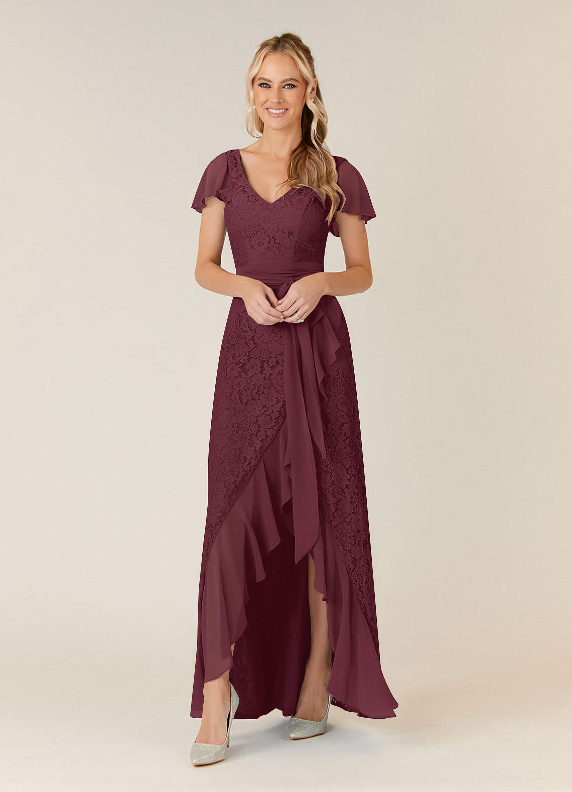 Azazie Knox Mère de la mariée Robes Robe Trapèze en Mousseline de soie Col en V Cabernet image1