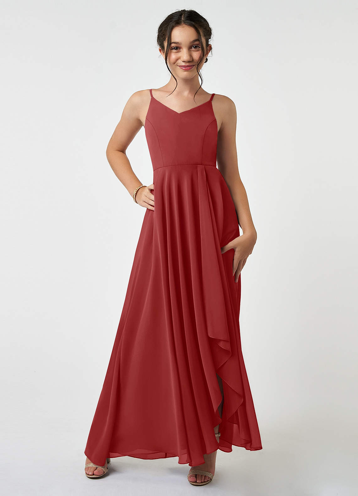 Azazie Collette Junior A-Linie Gestreift Chiffon Kleid Rost image1