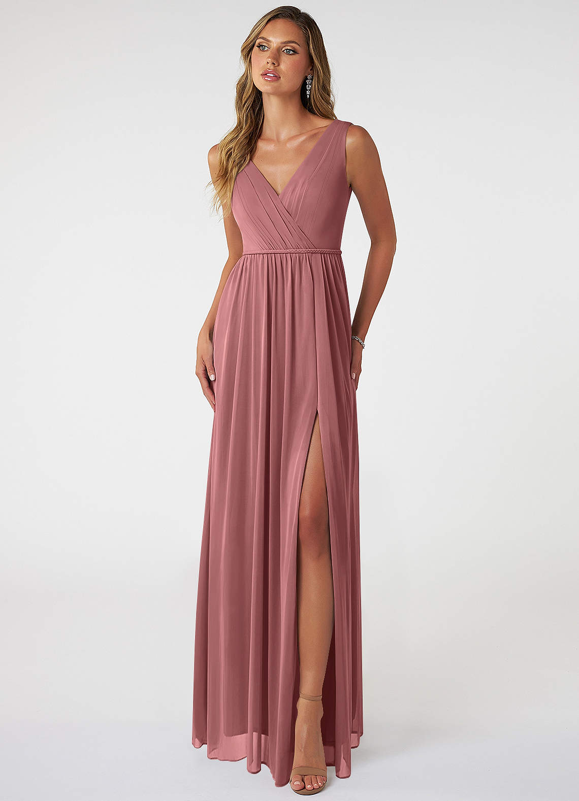 Azazie Tanicia Bridesmaid Dresses Desert Rose A-Line V-Neck Pleated Mesh Dress image1