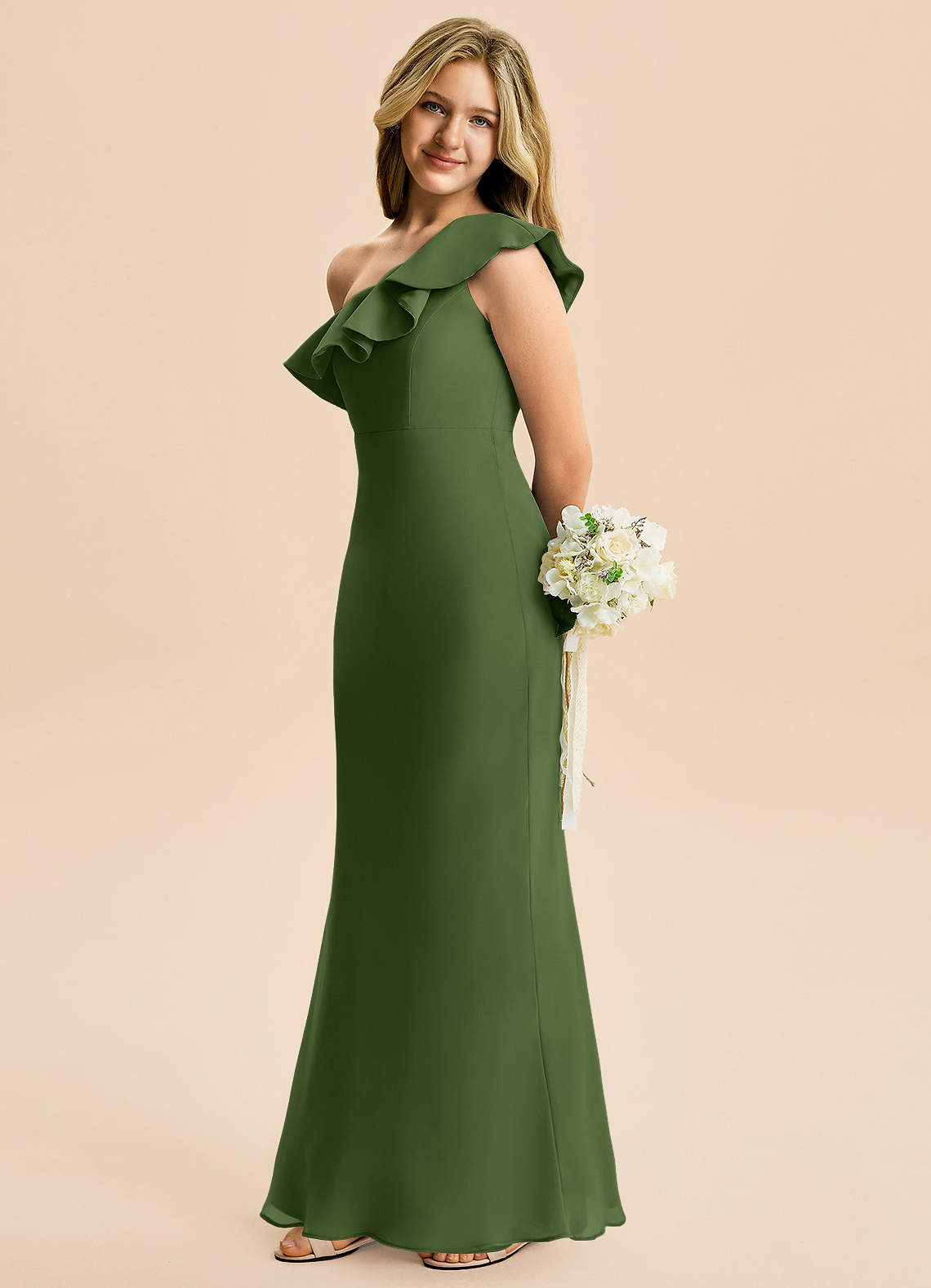 olive green junior dresses Azazie A-Line/Princess Halter Neck Floor-Length Chiffon Junior Bridesmaid Dresses