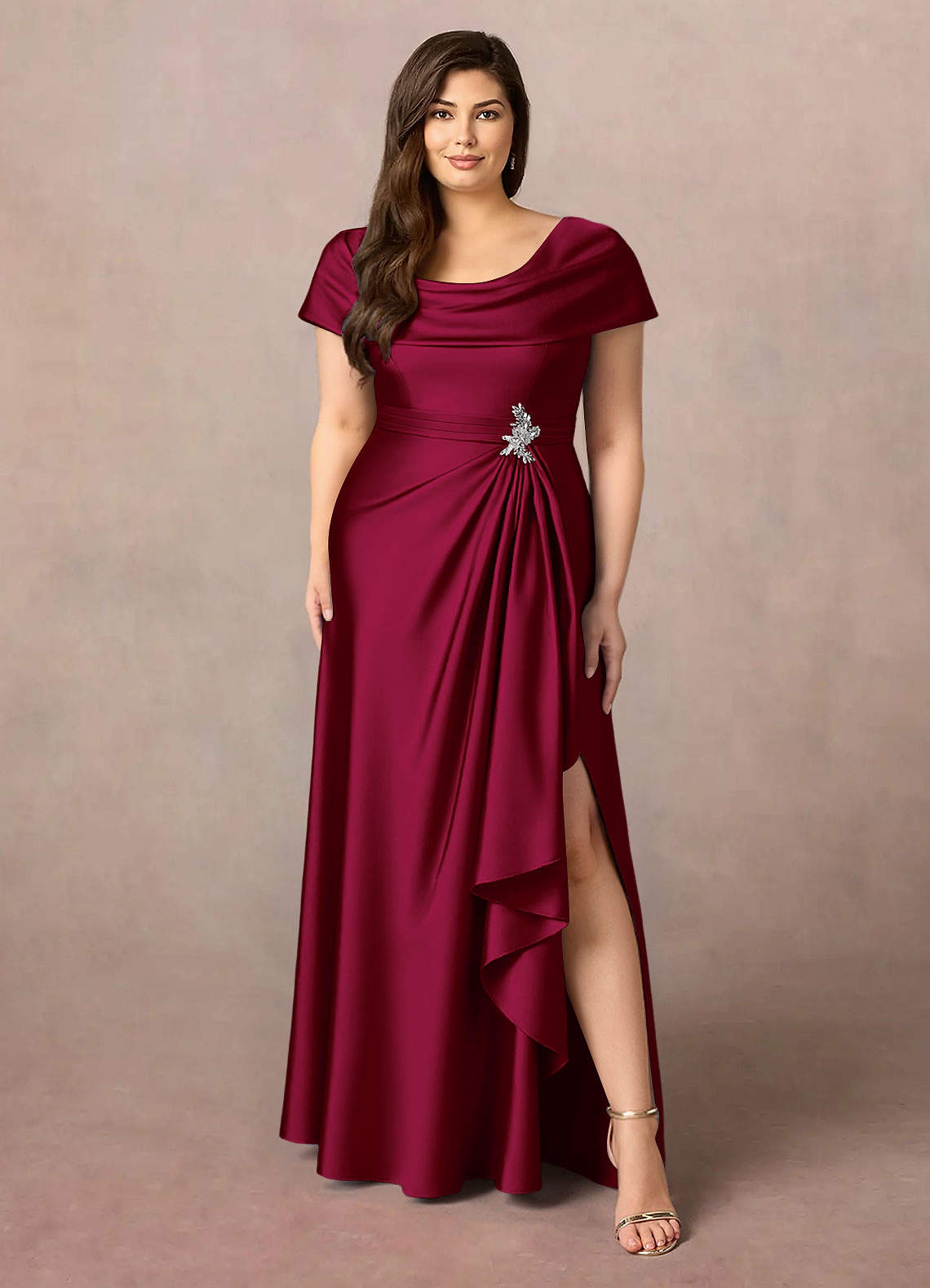 Azazie Branford Mother of the Bride Dresses Burgundy A-Line Pleated Stretch Satin Dress image8