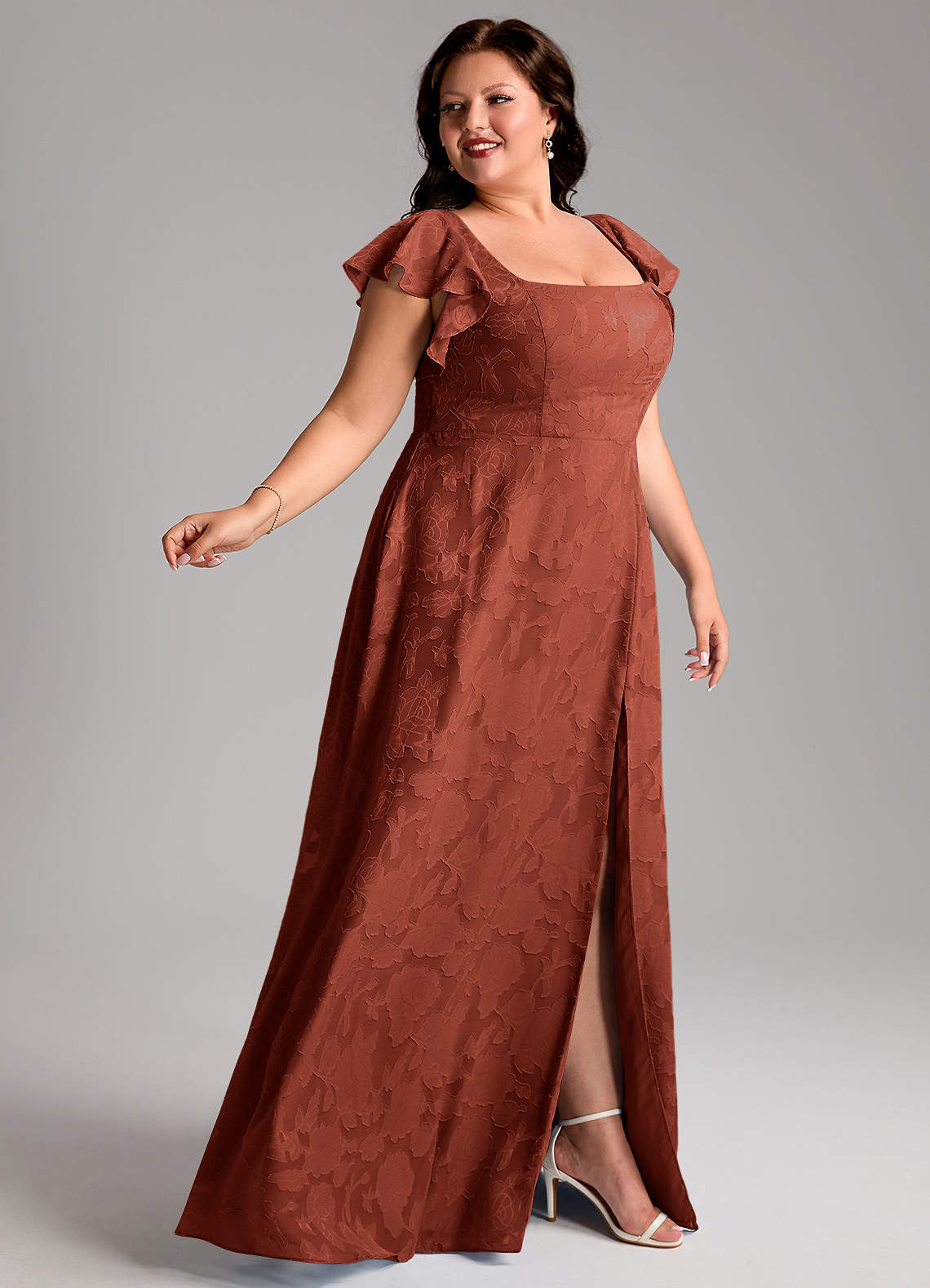 Azazie Bondi Bridesmaid Dresses Terracotta A-Line Side Slit Floral Burnout Dress image8