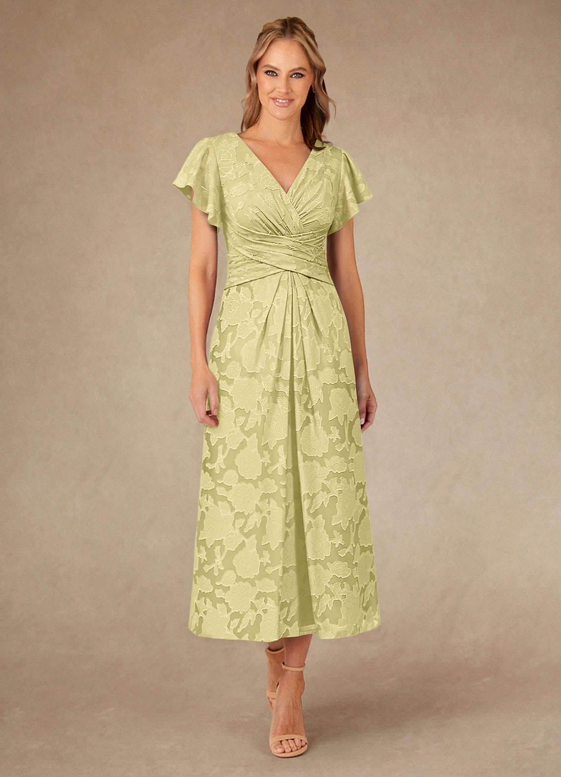 Azazie Vera Mother of the Bride Dresses Lemon Sorbet A-Line Pleated Floral Burnout Dress image1