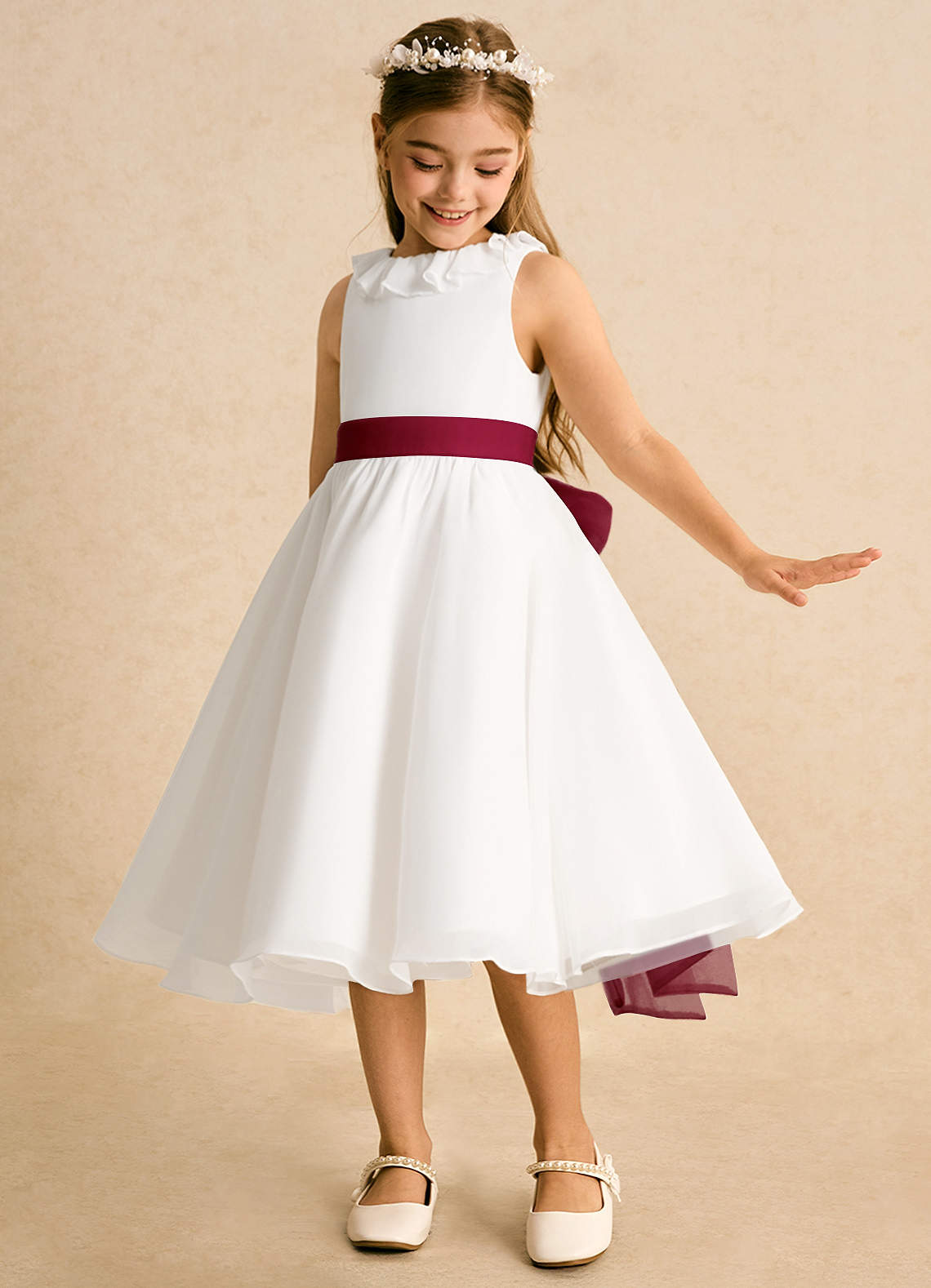 Azazie Dani Flower Girl Dresses Ivory Burgundy A-Line Bow Chiffon Dress image1