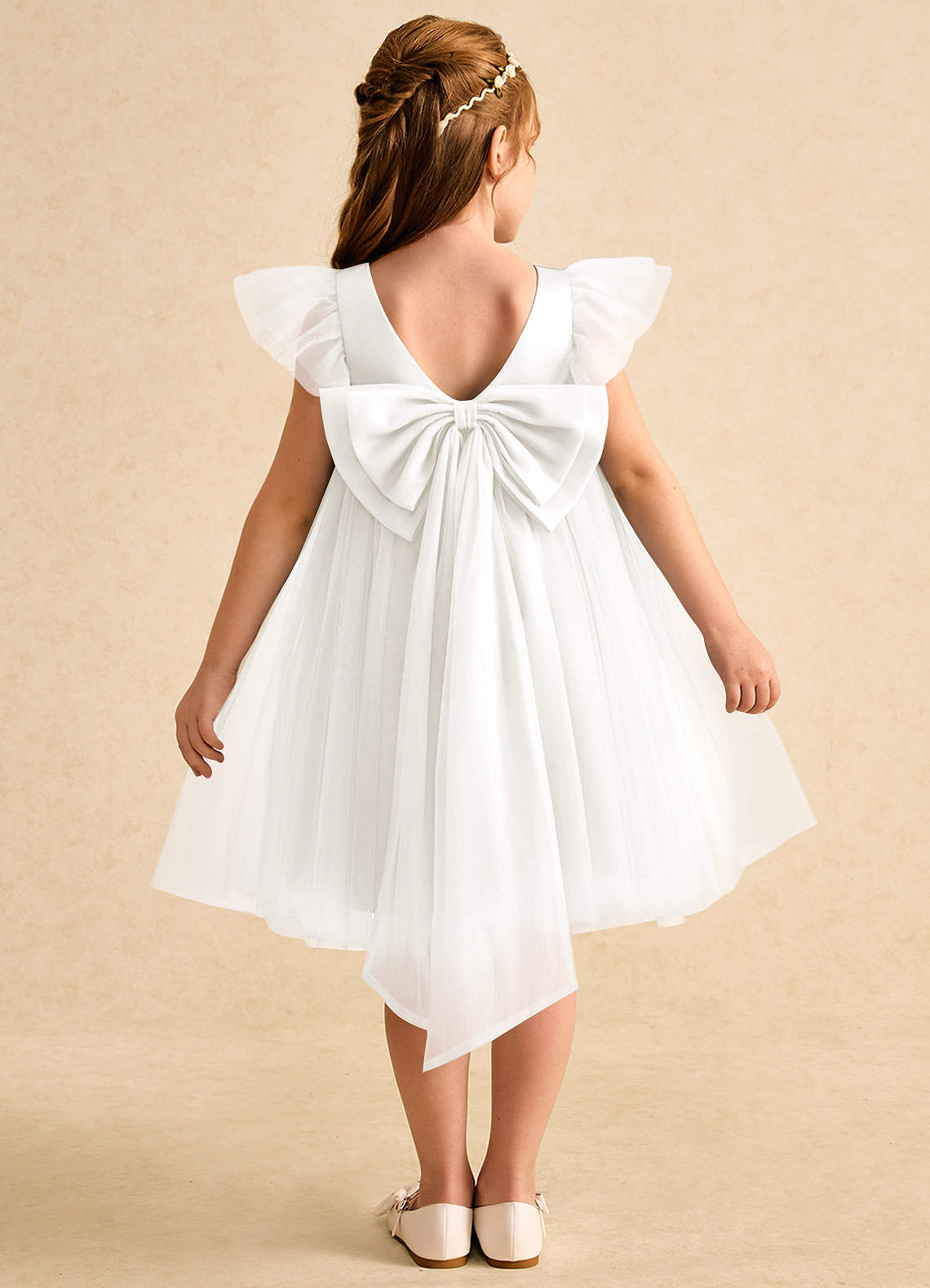 Azazie Munchkin Robe Demoiselle D'honneur Fillette Robe Trapèze en Tulle Arc Ivoire image1