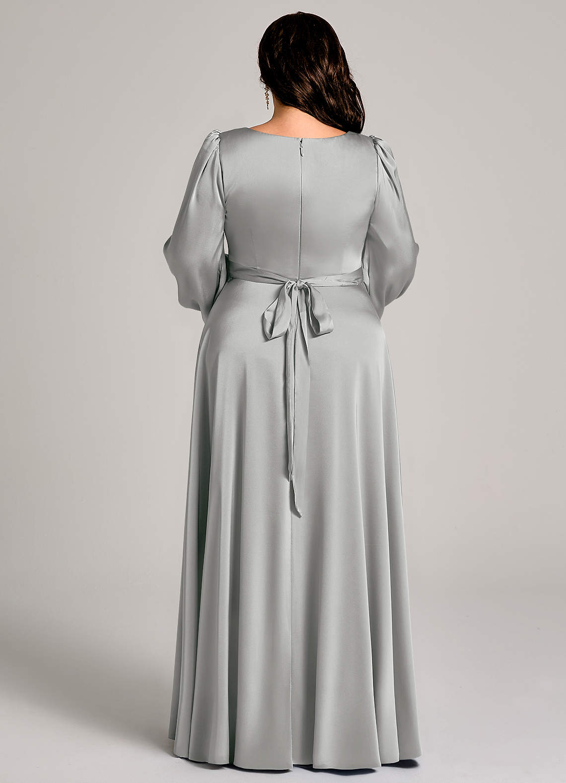Azazie Plus Size A-Line Square Neck Long Sleeve Floor-Length Stretch Satin Bridesmaid Dresses - Silver Azazie Plus Size A-Line Square Neck Long Sleeve Floor-Length Stretch Satin Bridesmaid Dresses - Silver
