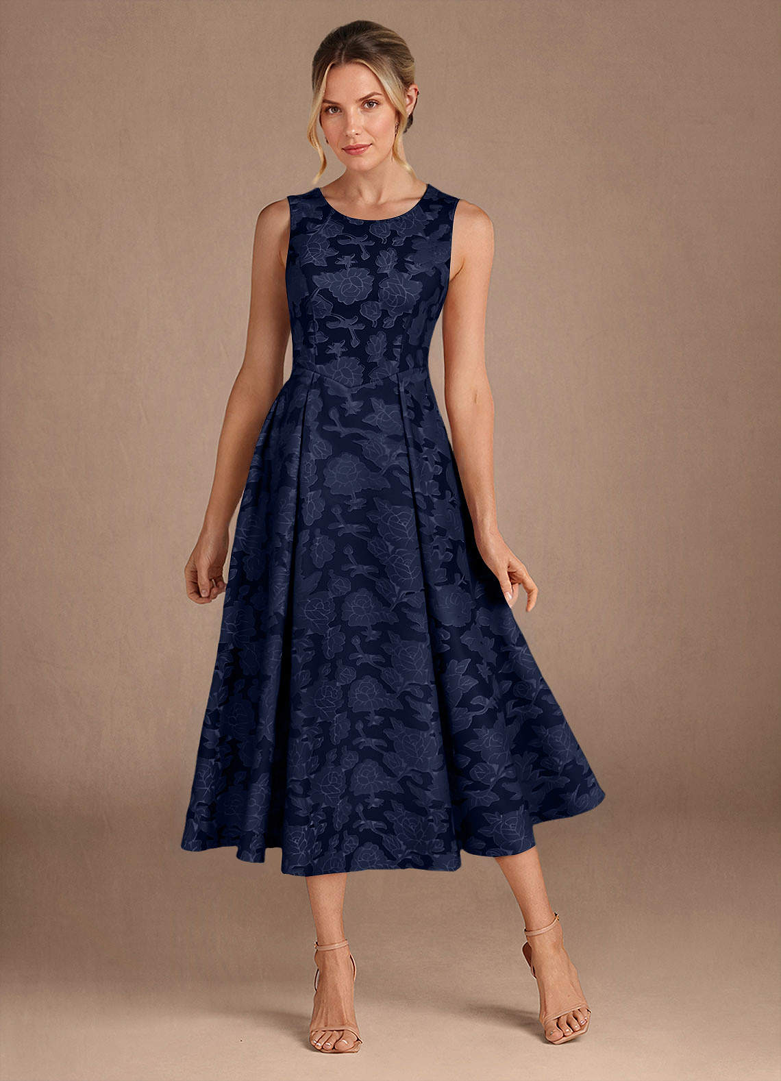 Azazie Fulton Mother of the Bride Dresses Dark Navy A-Line Pleated Floral Burnout Dress image1