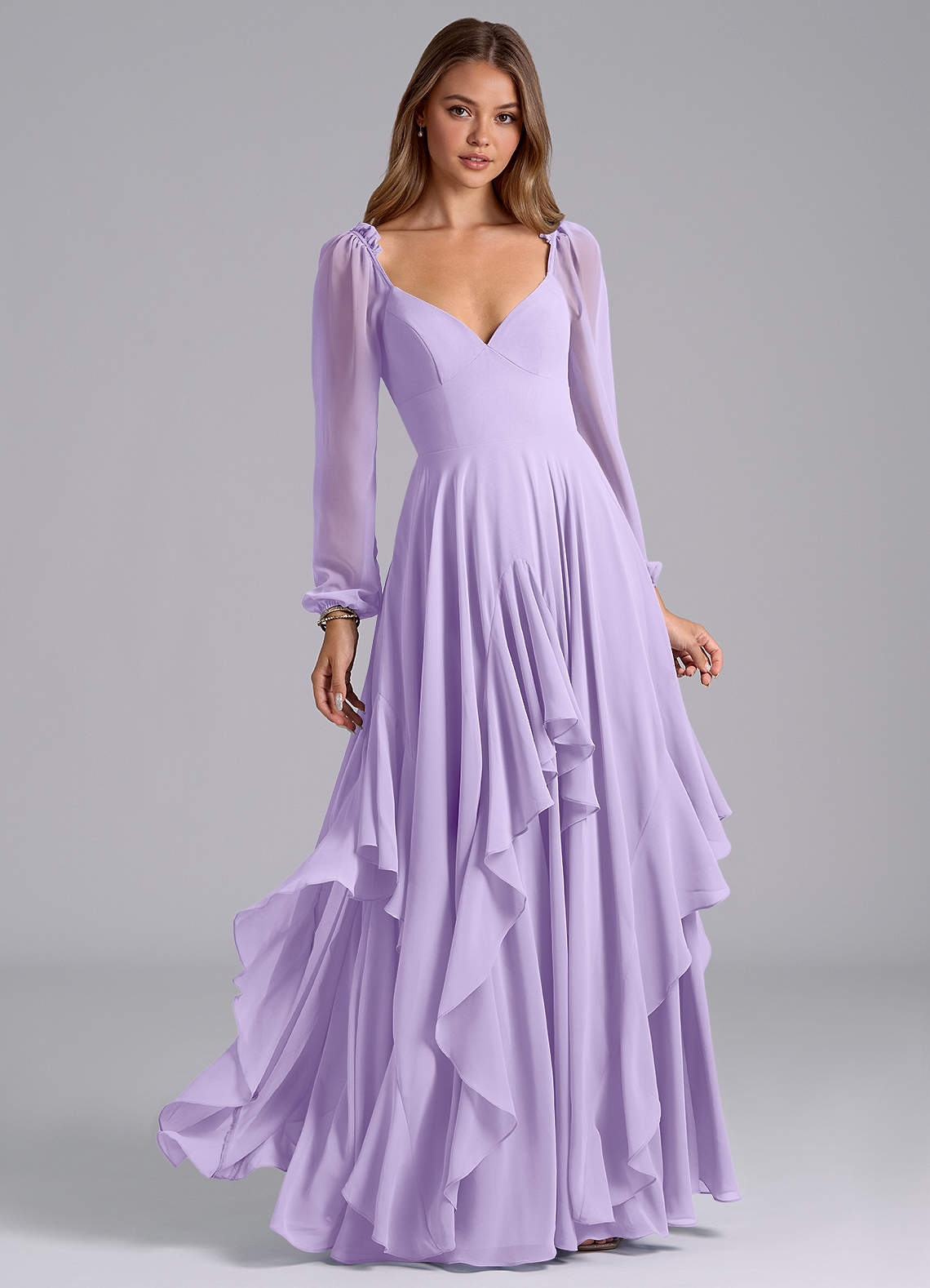 Azazie Karan Bridesmaid Dresses Lilac A-Line Long Sleeve Chiffon Dress image1