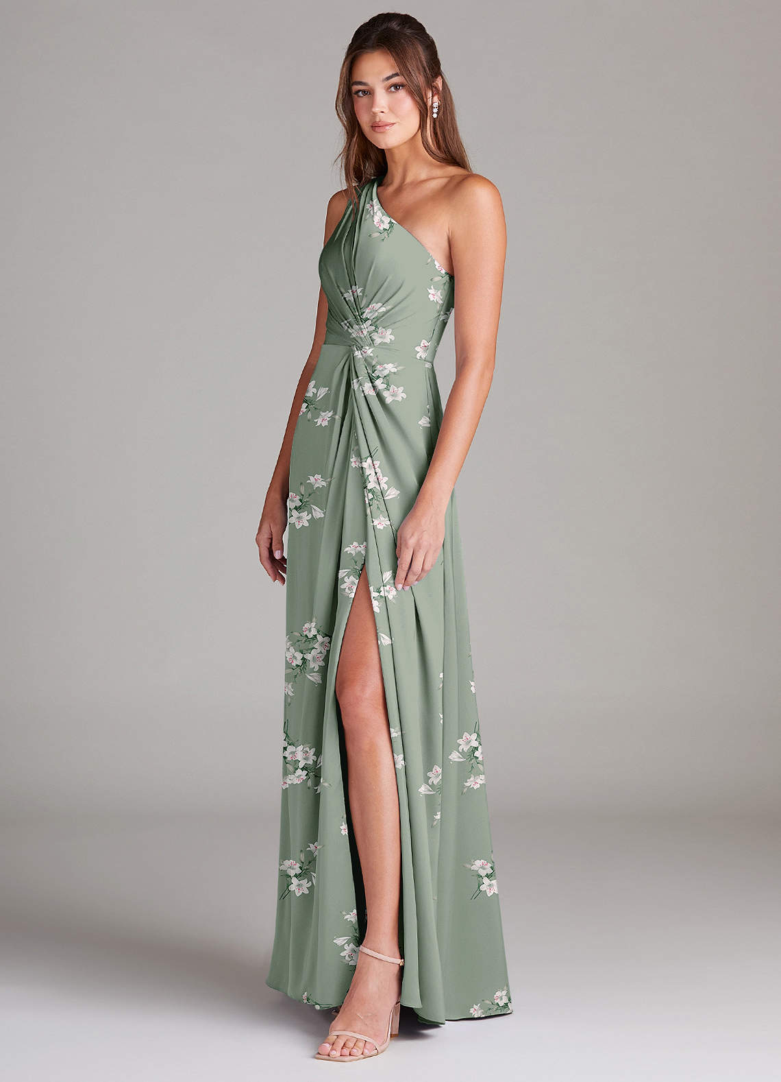 Azazie Brooke Bridesmaid Dresses Agave Lilly Floral A-Line One Shoulder Stretch Satin Dress image4