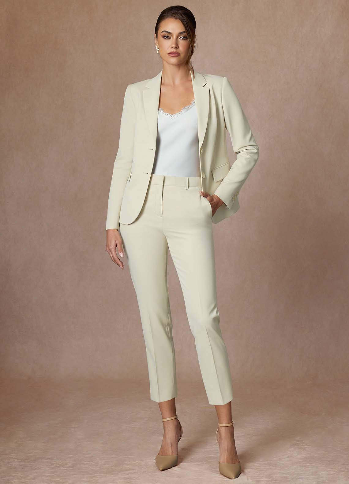front Whitney Ivory Refined Weave Performance  Cropped Dress Pants