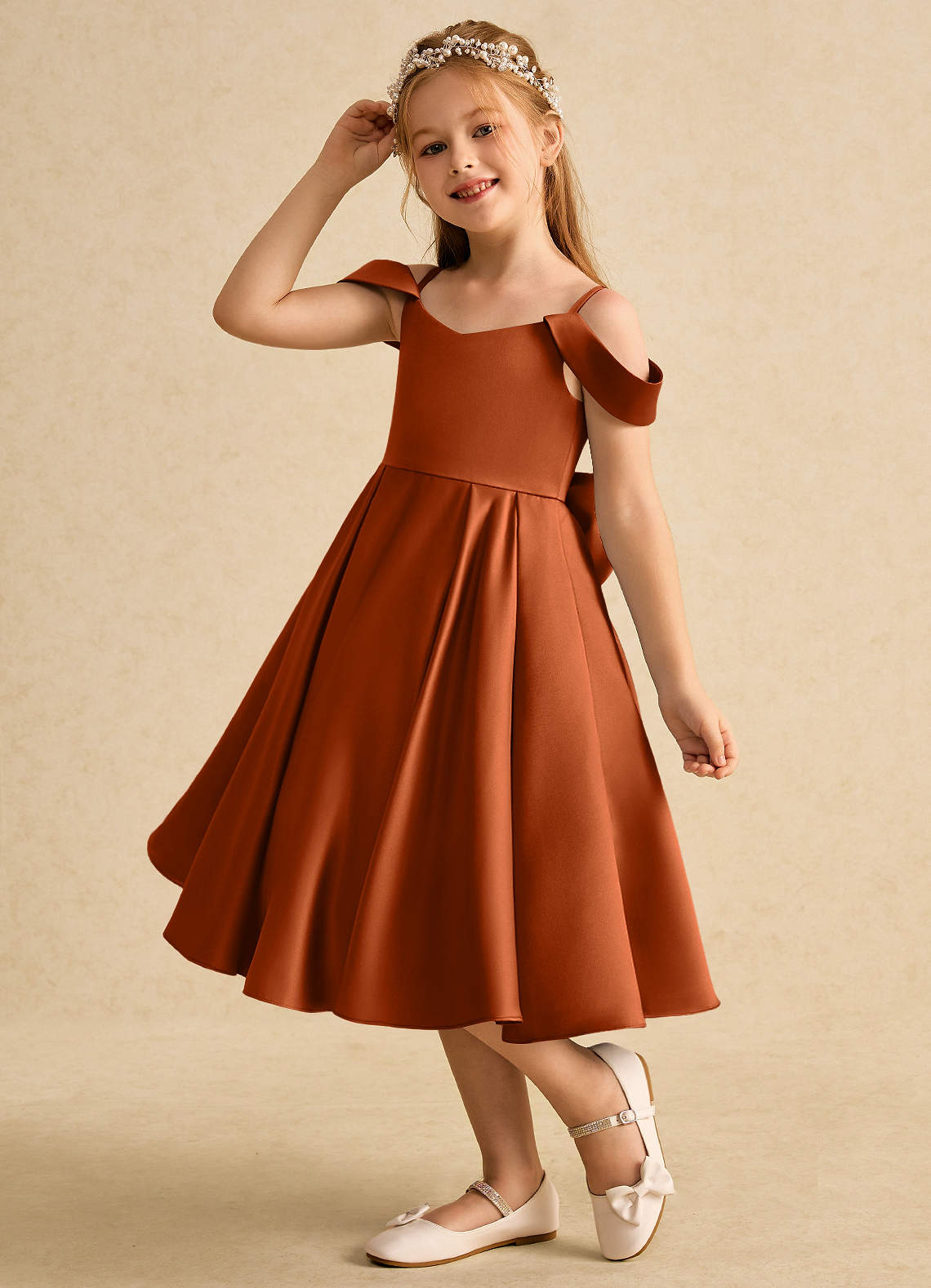 Azazie Favia Flower Girl Dresses Burnt Orange A-Line Off the Shoulder Matte Satin Dress image5