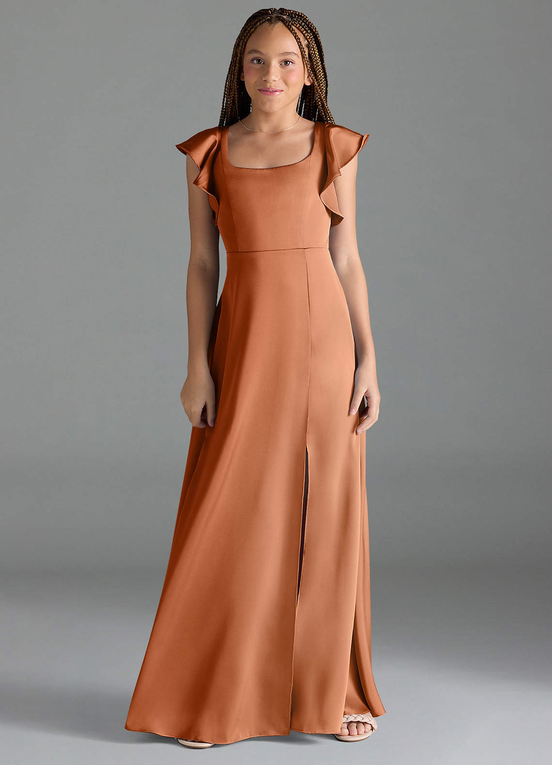Azazie Bondi Junior Copper A-Line Side Slit Stretch Satin Dress image1