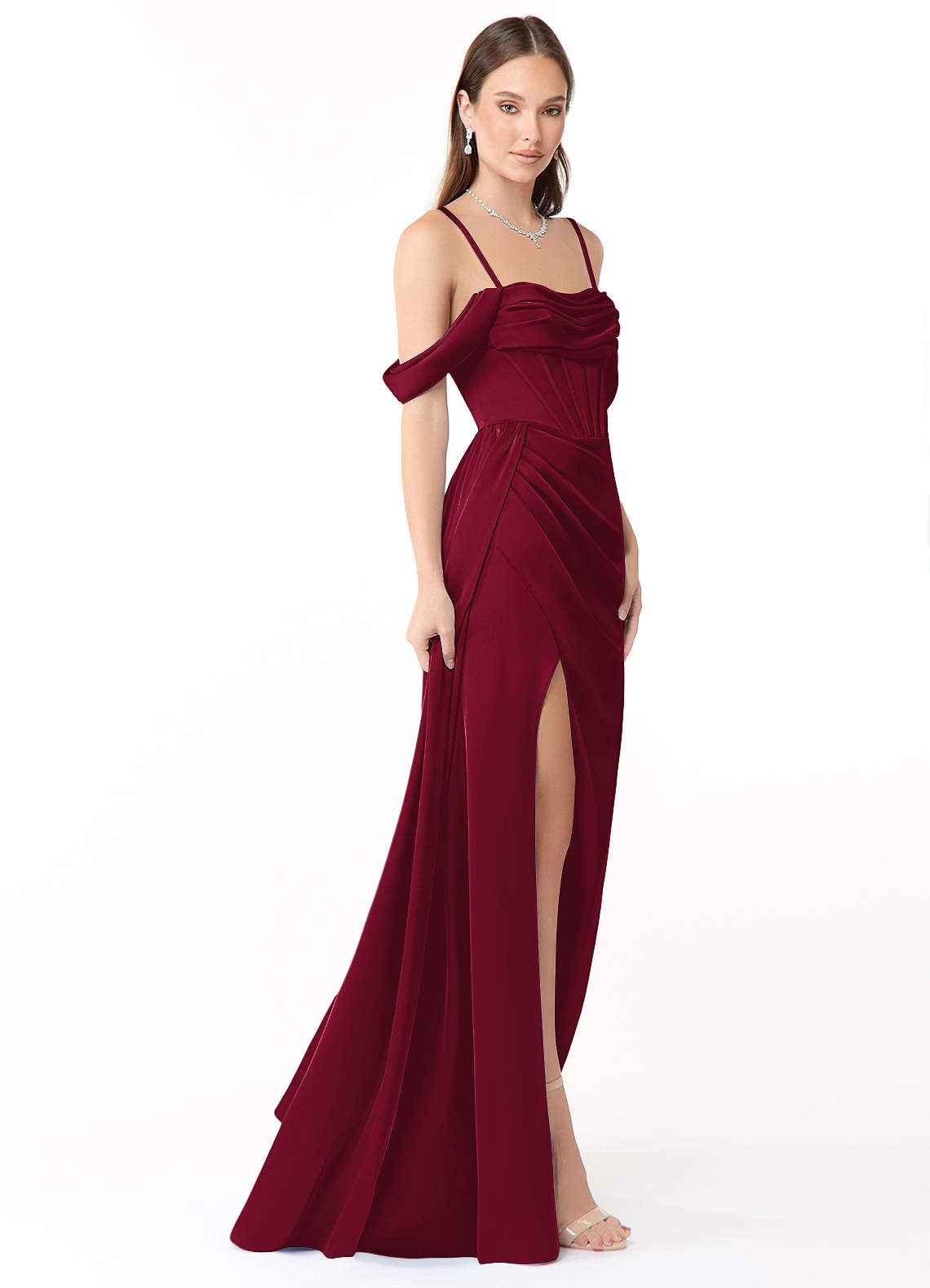 Azazie Amyra At-home Try On Dresses Burgundy Sheath Off the Shoulder Stretch Satin Convertible Dress image6
