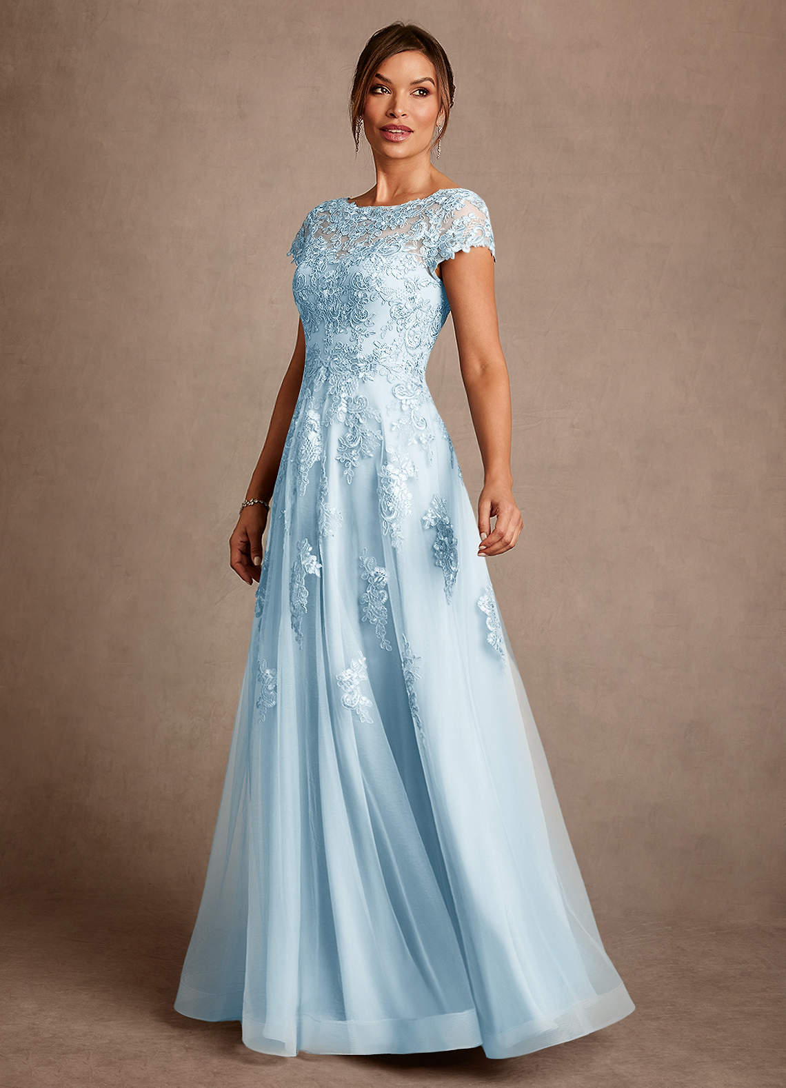 Azazie Jalinda Mère de la mariée Robes Robe Trapèze en Mousseline de soie Dentelle Bleu Ciel image3
