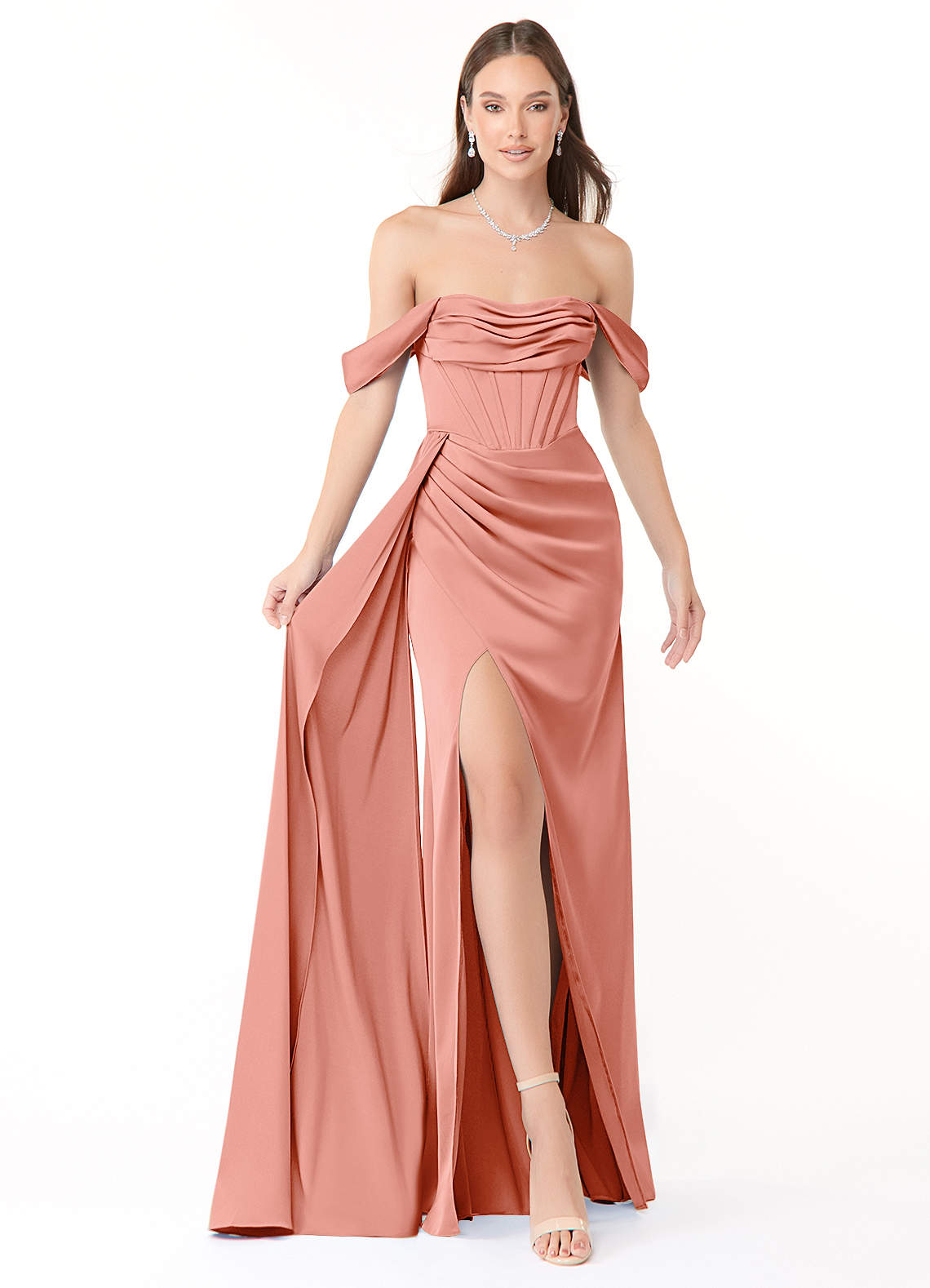Azazie Amyra Bridesmaid Dresses Coral Sheath Off the Shoulder Stretch Satin Convertible Dress image1