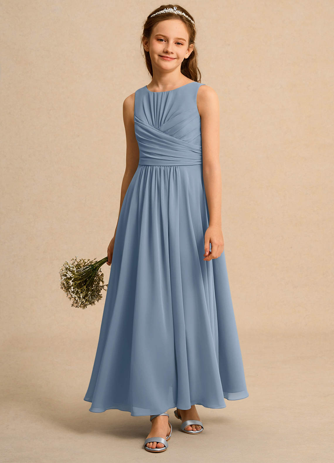 Azazie Ducky Junior Formal Flower Girl Dresses Dusty Blue A-Line Pleated Chiffon Dress image3
