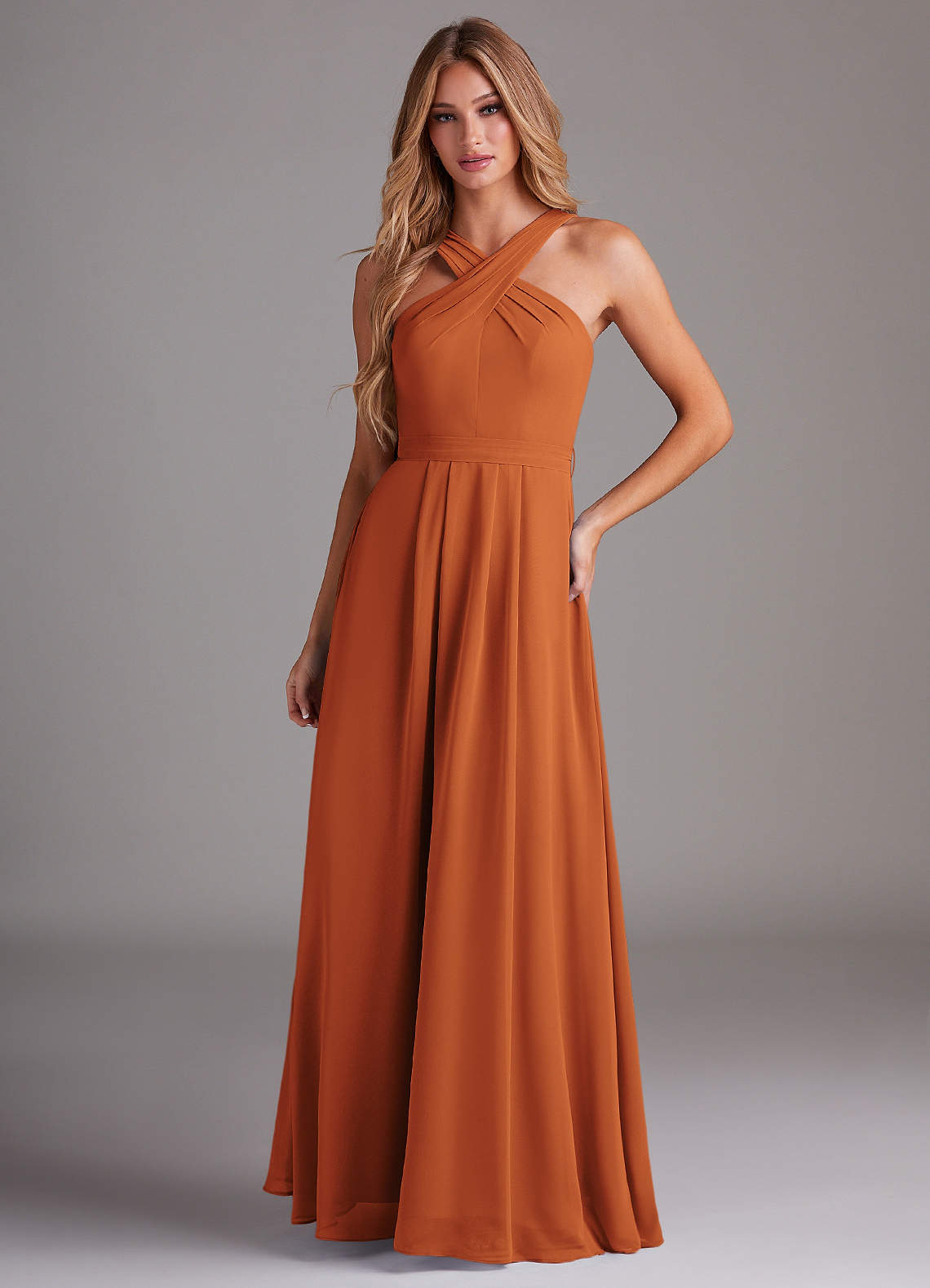 Azazie Dixie Bridesmaid Dresses Cinnamon A-Line Halter Pleated Chiffon Dress image1