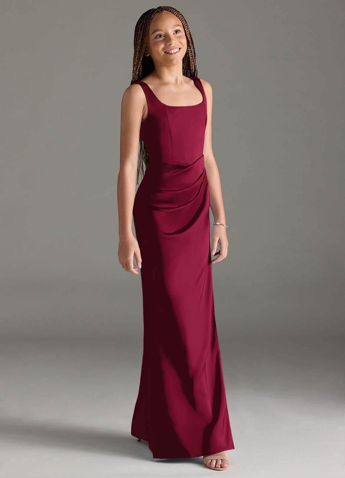 Azazie Mero Junior Burgundy Mermaid Pleated Stretch Satin Dress image2