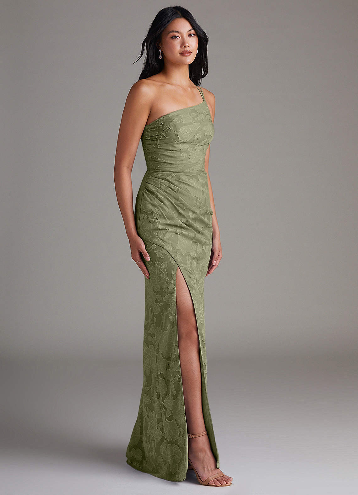 Azazie Eren Jurken voor bruidsmeisjes Jurk van Bloemen Burn-out met Kolom One-Shoulder Pistache image2