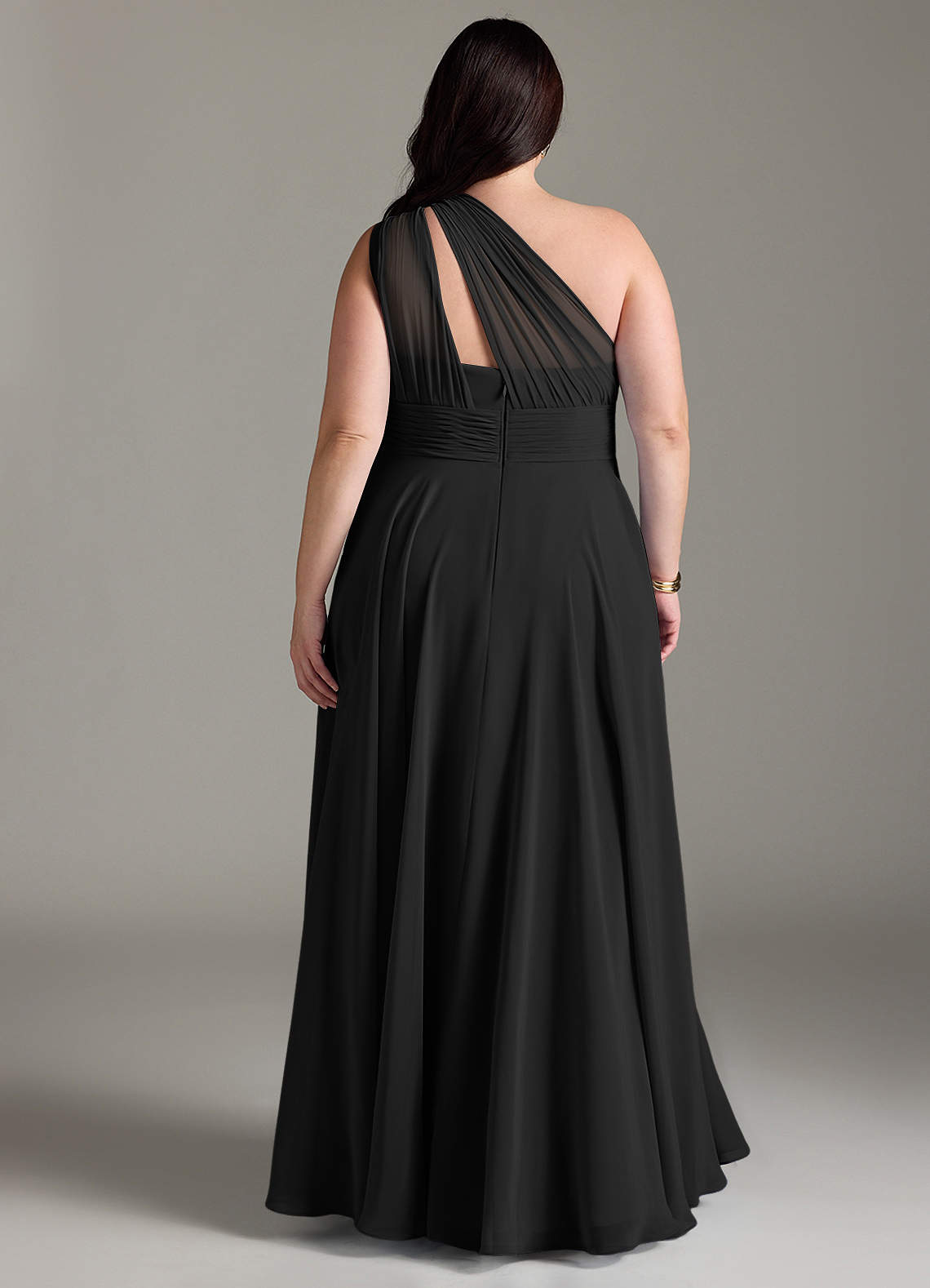 Azazie Charlize Vestidos de damas de honor Vestido de Negro de Gasa de Corte en A con Hombro unilateral image7