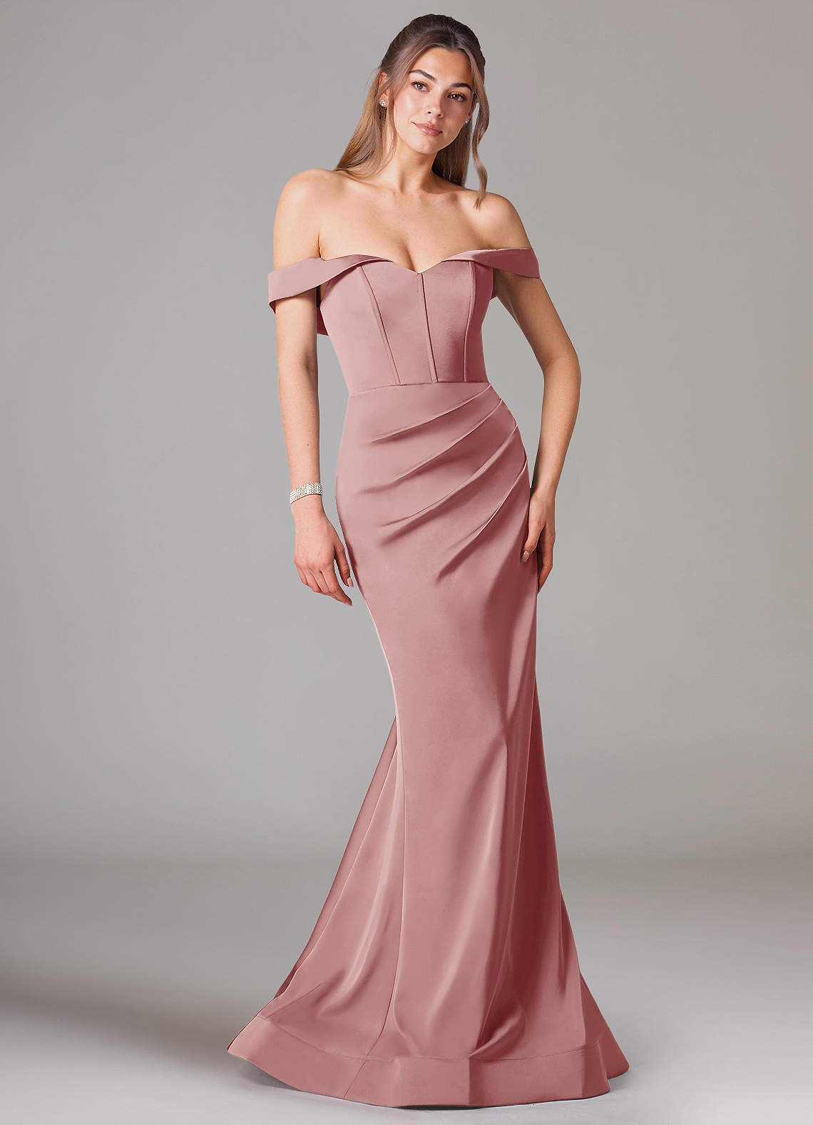 Azazie Everly Bridesmaid Dresses Dusty Rose Mermaid Off the Shoulder Stretch Satin Convertible Dress image1