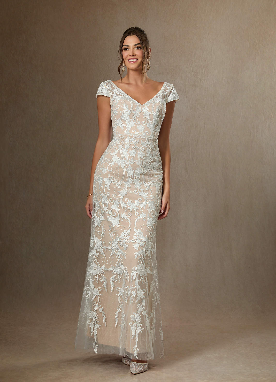 Azazie Devonna Wedding Dresses Diamond White Champagne Sheath V-Neck Sequins Lace Dress image2