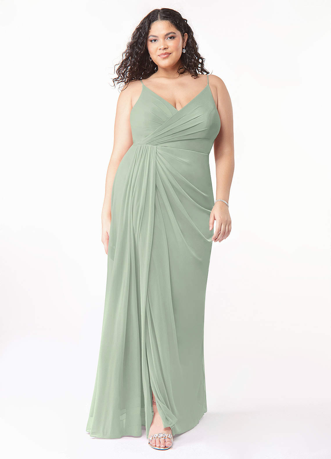 Azazie Evalin Robes de demoiselle d'honneur Robe Trapèze en Maille Col V plissé Vert Sauge image1