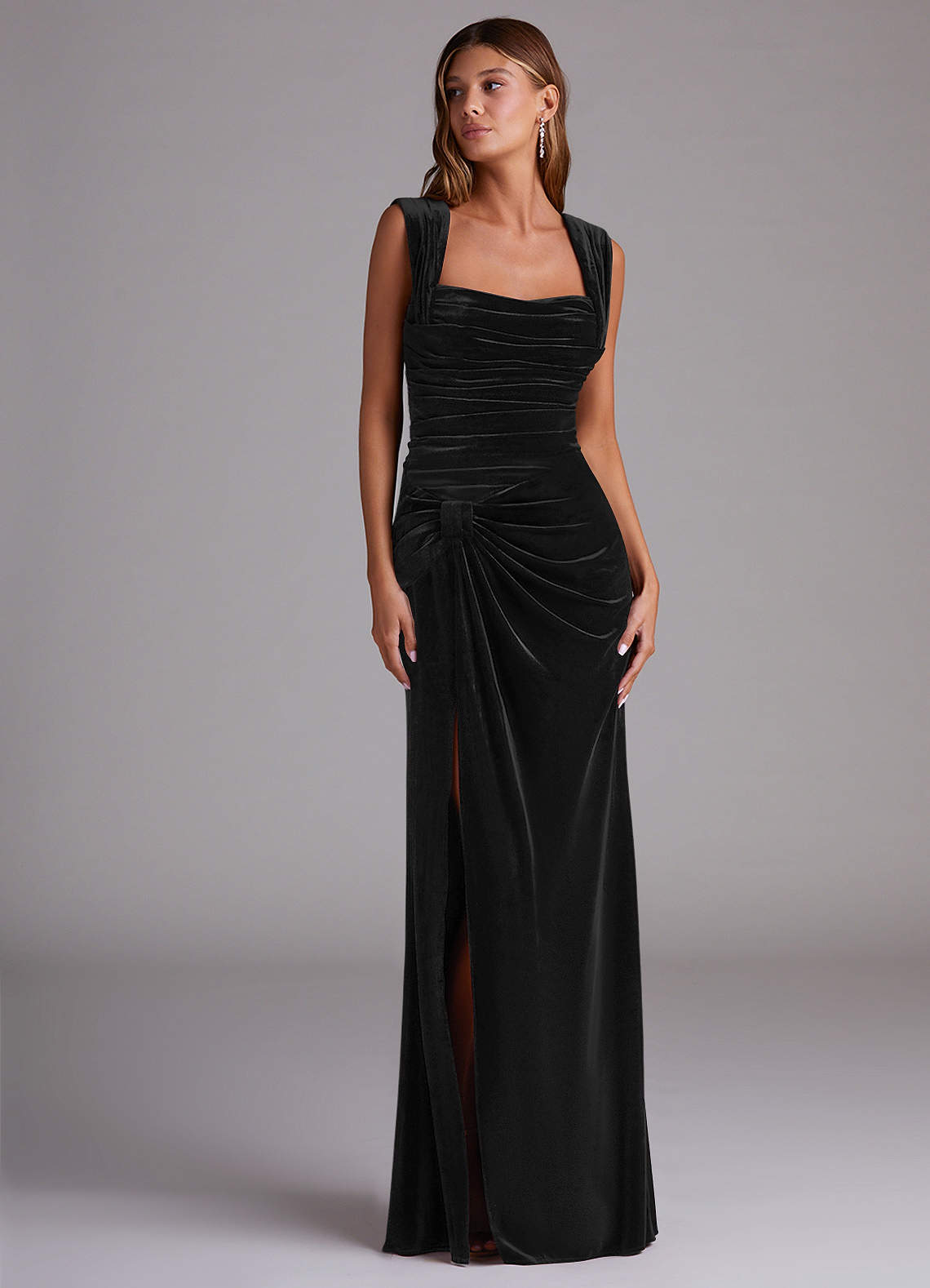 Azazie Genesis Bridesmaid Dresses Black Sheath Pleated Velvet Dress image2