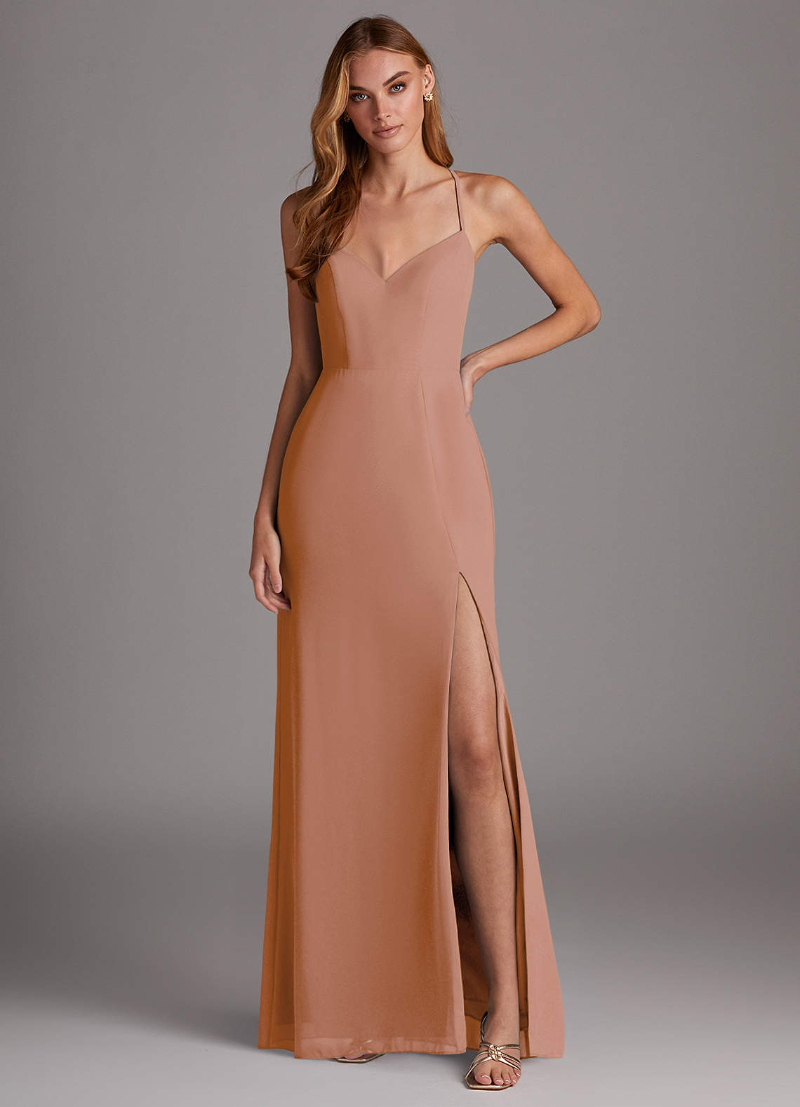 Azazie Manila Bridesmaid Dresses Champagne Rose Sheath V-Neck Chiffon Dress image1