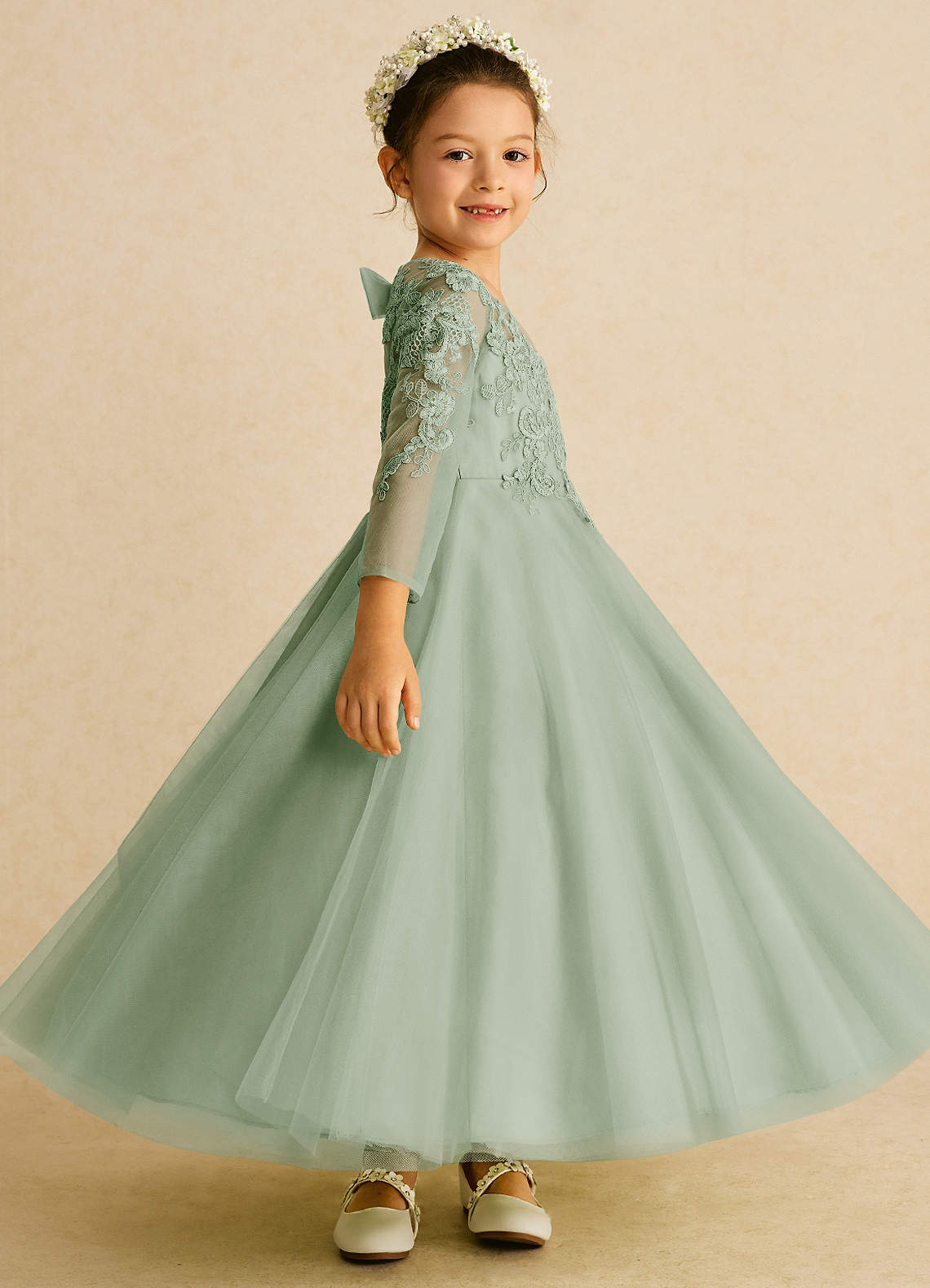 Azazie A-Line Scoop Neck Ankle-Length Tulle Flower Girl Dresses - Dusty Sage