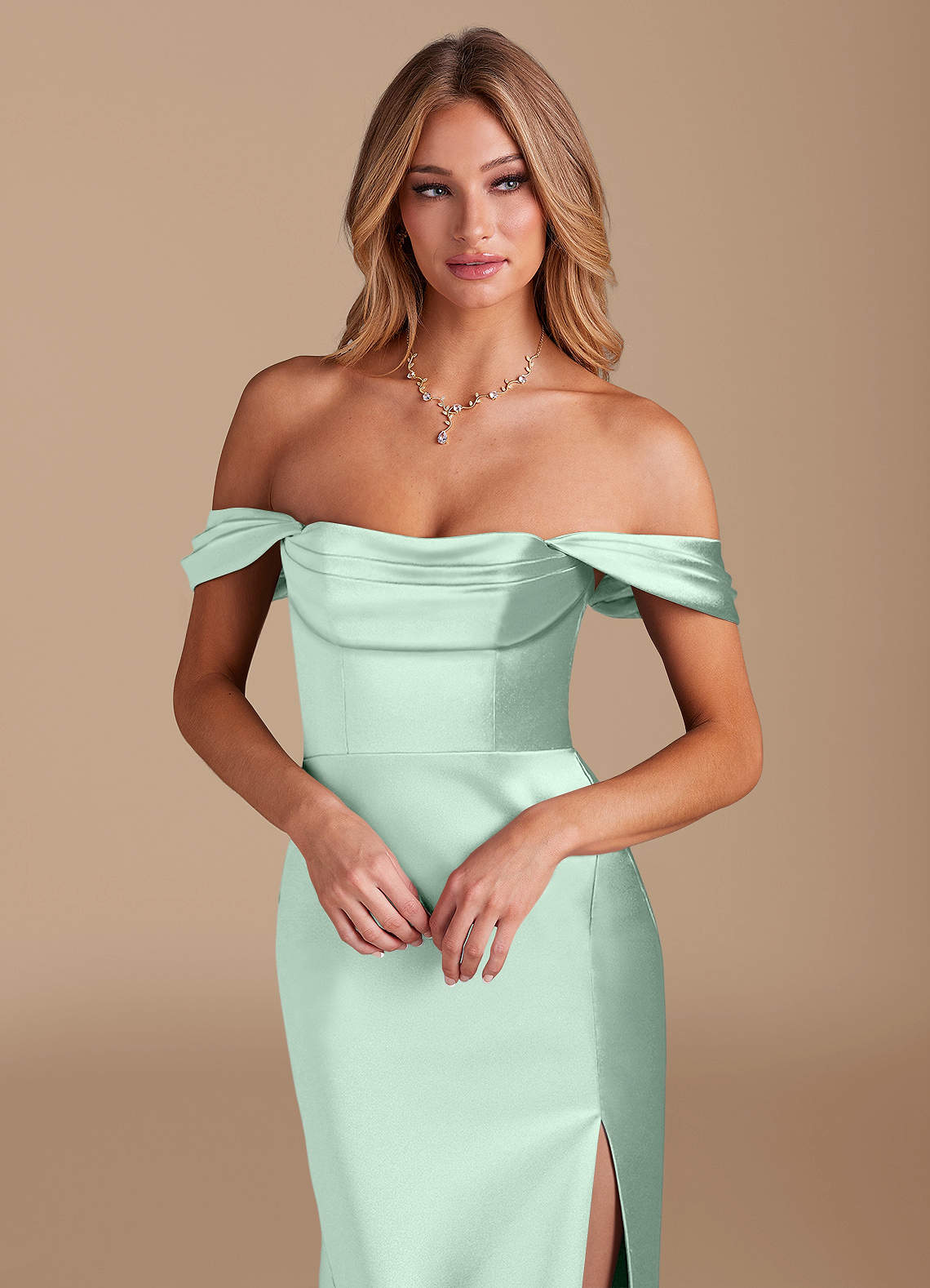 Azazie Saige Agave Metallic Satin Bridesmaid Dresses | Azazie