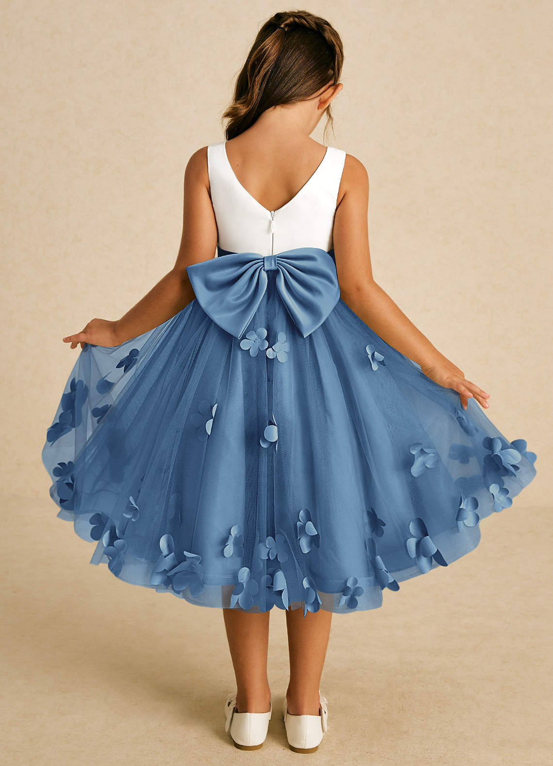 Azazie Sprout Flower Girl Dresses Steel Blue A-Line Bow Tulle Dress image1