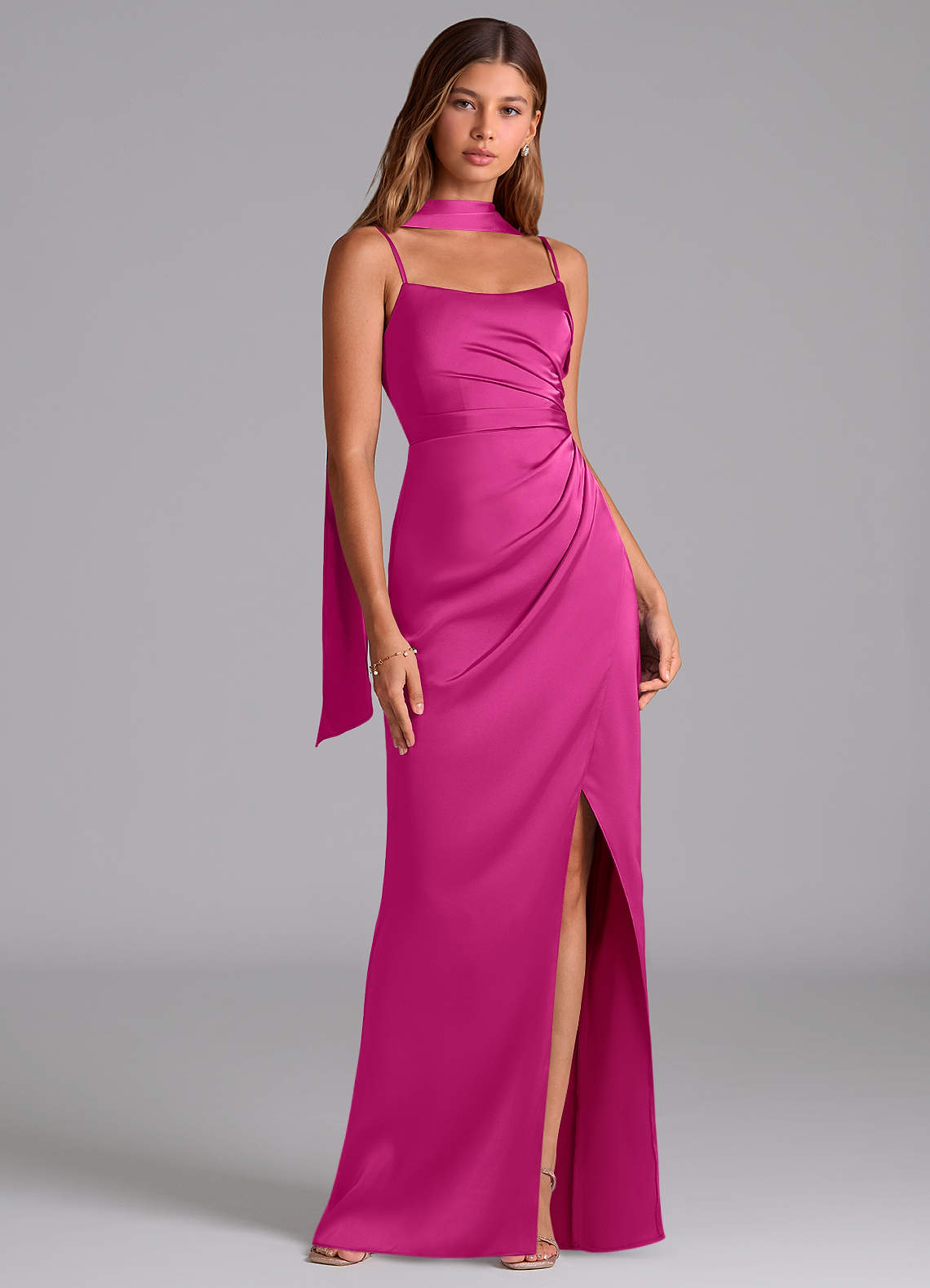 satin fuchsia bridesmaid dresses Fuchsia Bridesmaid Dresses Asymmetrical V-Neck Spaghetti Straps Floor Length Stretch Satin Bridesmaid Dress