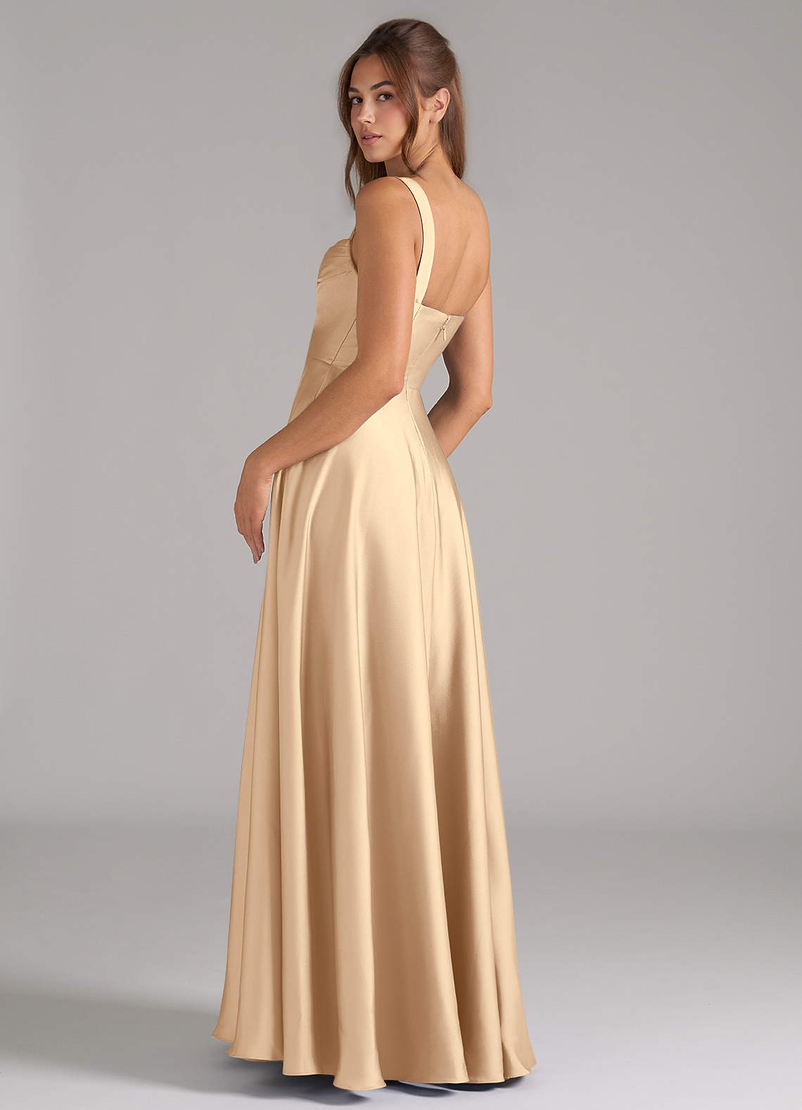 Azazie Shaude Bridesmaid Dresses Champagne A-Line Pleated Stretch Satin Dress image6