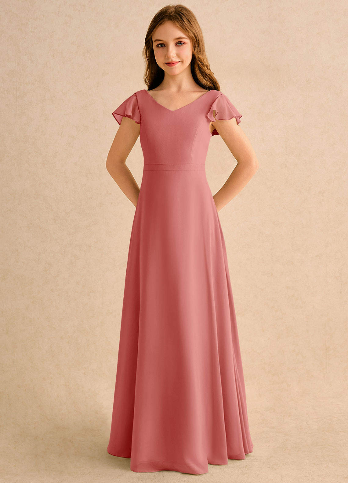 Azazie Nari Girls Formal Vestidos de florista Vestido Rosa Antiga de Chiffon de Linha A com com Mangas image5