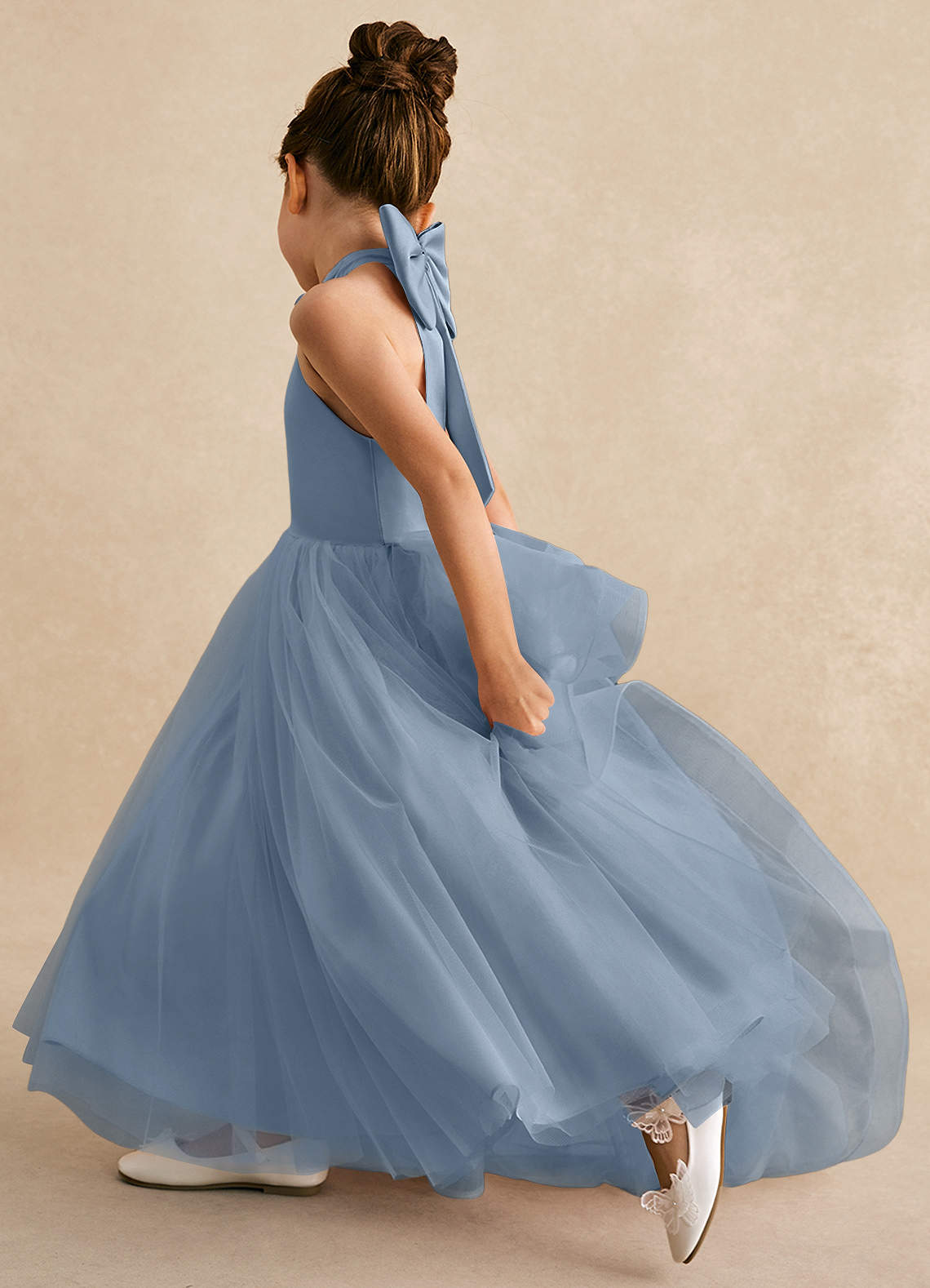 Azazie Bev Flower Girl Dresses Dusty Blue A-Line Convertible Tulle Dress image6
