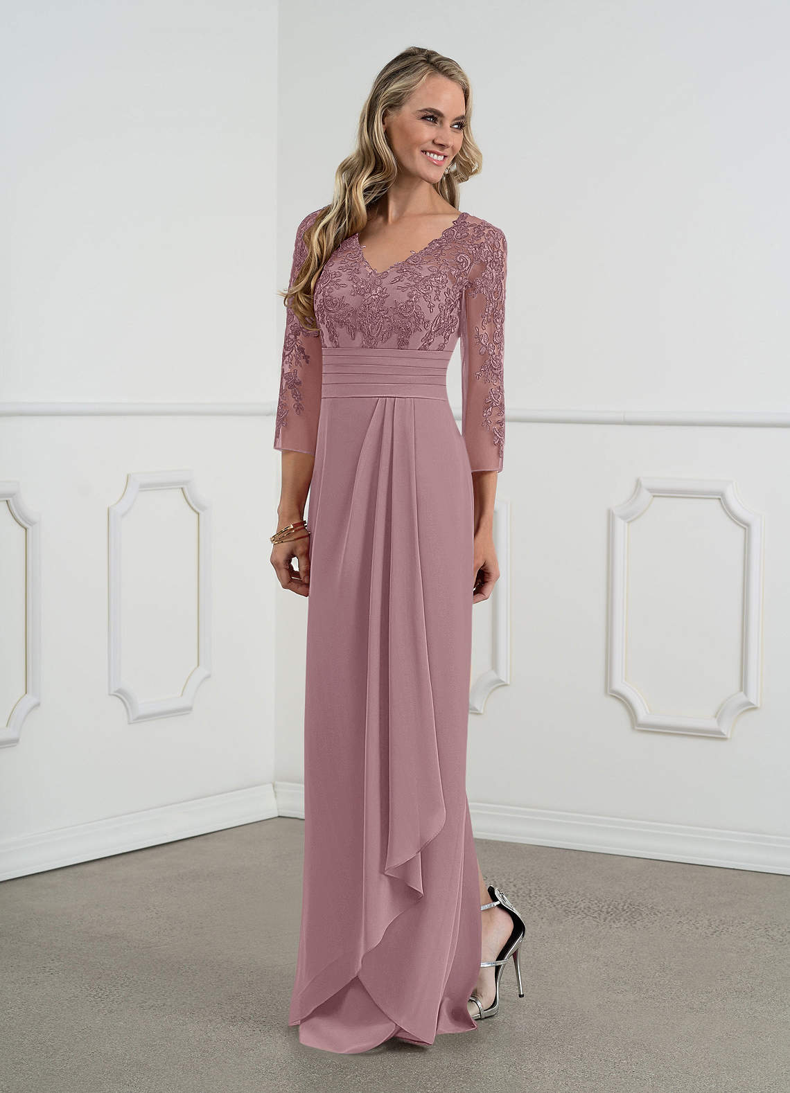 Tea-Length Chiffon Lace Dress Dusty Rose