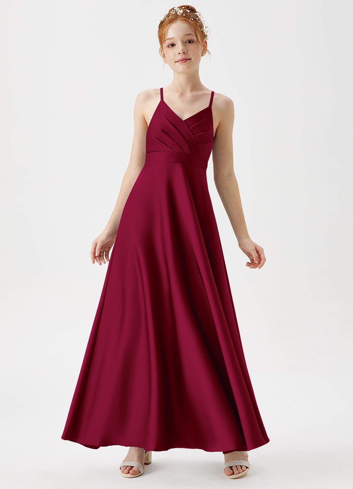 Azazie Avelina Junior A-Linie Plissee Stretch-Satin Kleid Burgunderrot image1