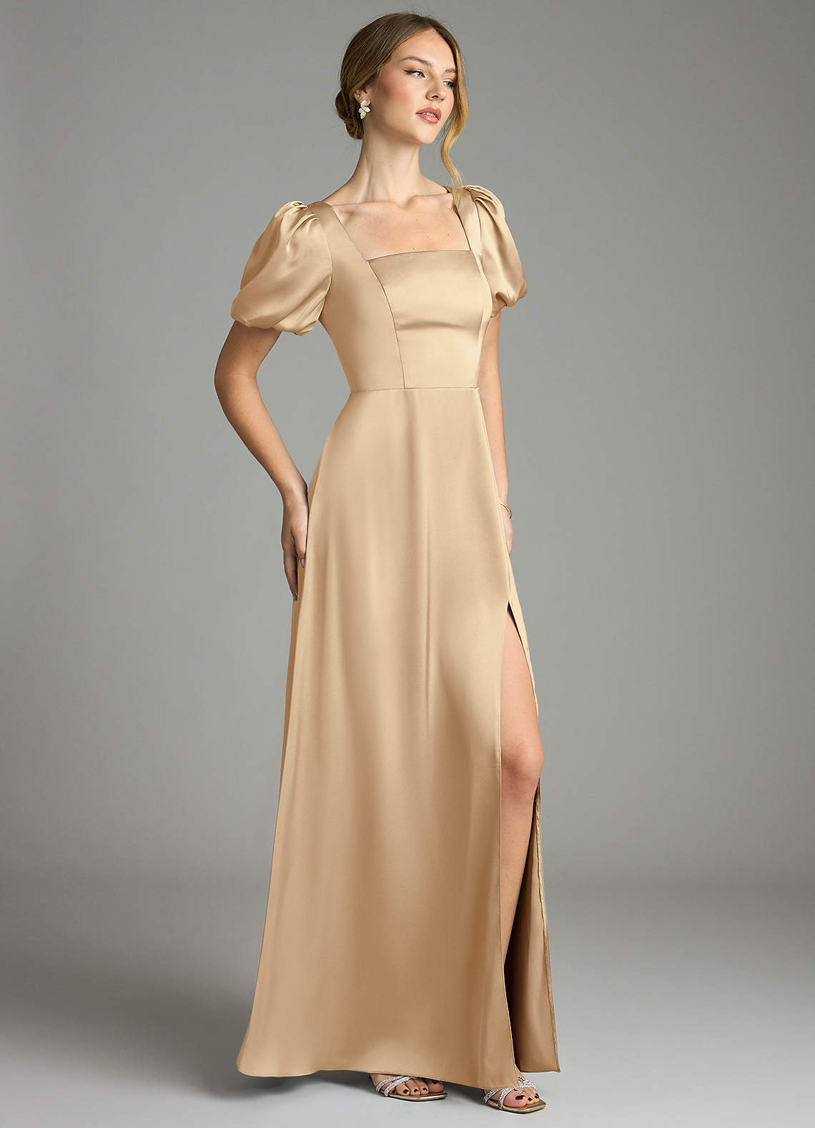 Azazie A-Line Square Neck Floor-Length Stretch Satin Bridesmaid Dresses - Champagne