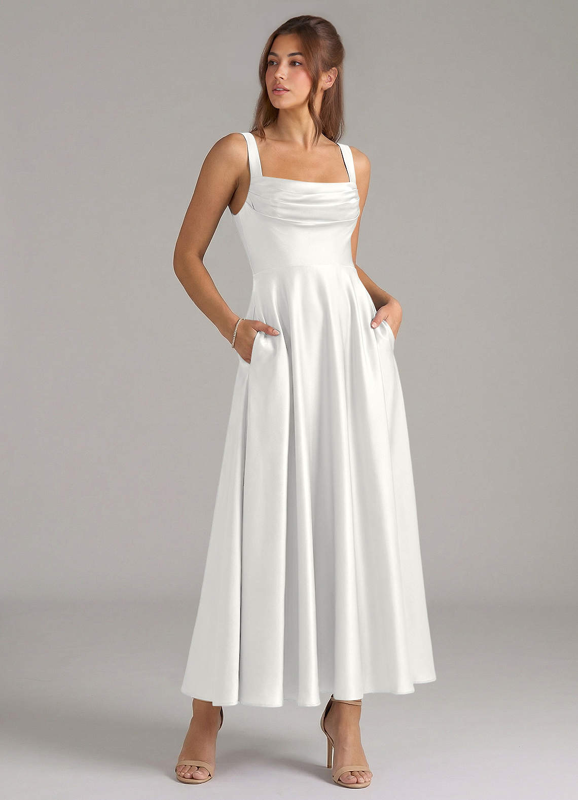 Azazie Shaude Bridesmaid Dresses White A-Line Pleated Stretch Satin Dress image2