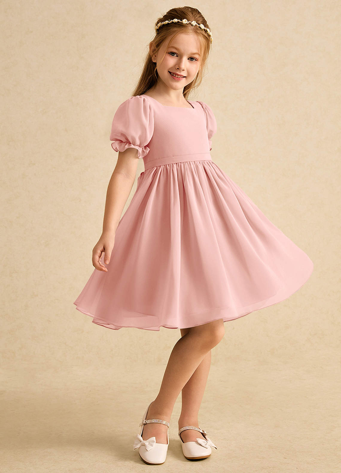 Azazie Jolie Blumenmädchenkleider A-Linie mit ärmel Chiffon Kleid Rosettenrosa image1