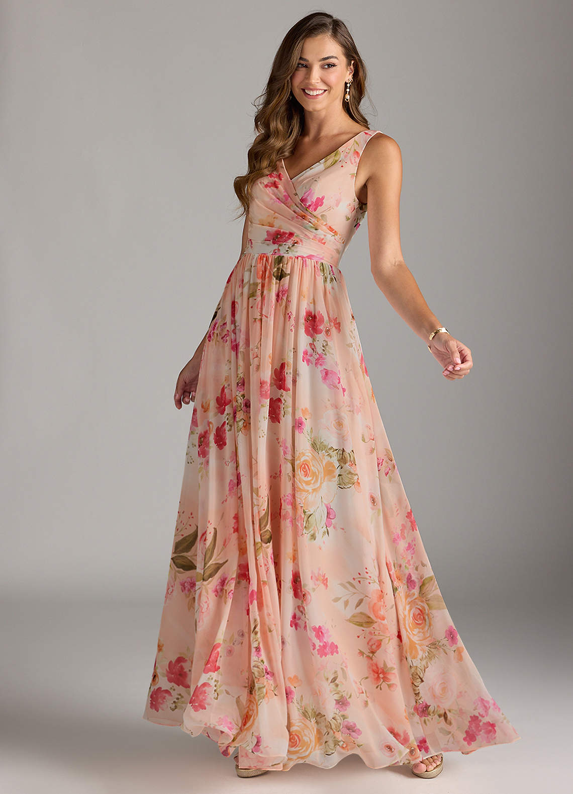 Azazie Keyla Bridesmaid Dresses Abstract Bouquet Floral A-Line V-Neck Pleated Chiffon Dress image1