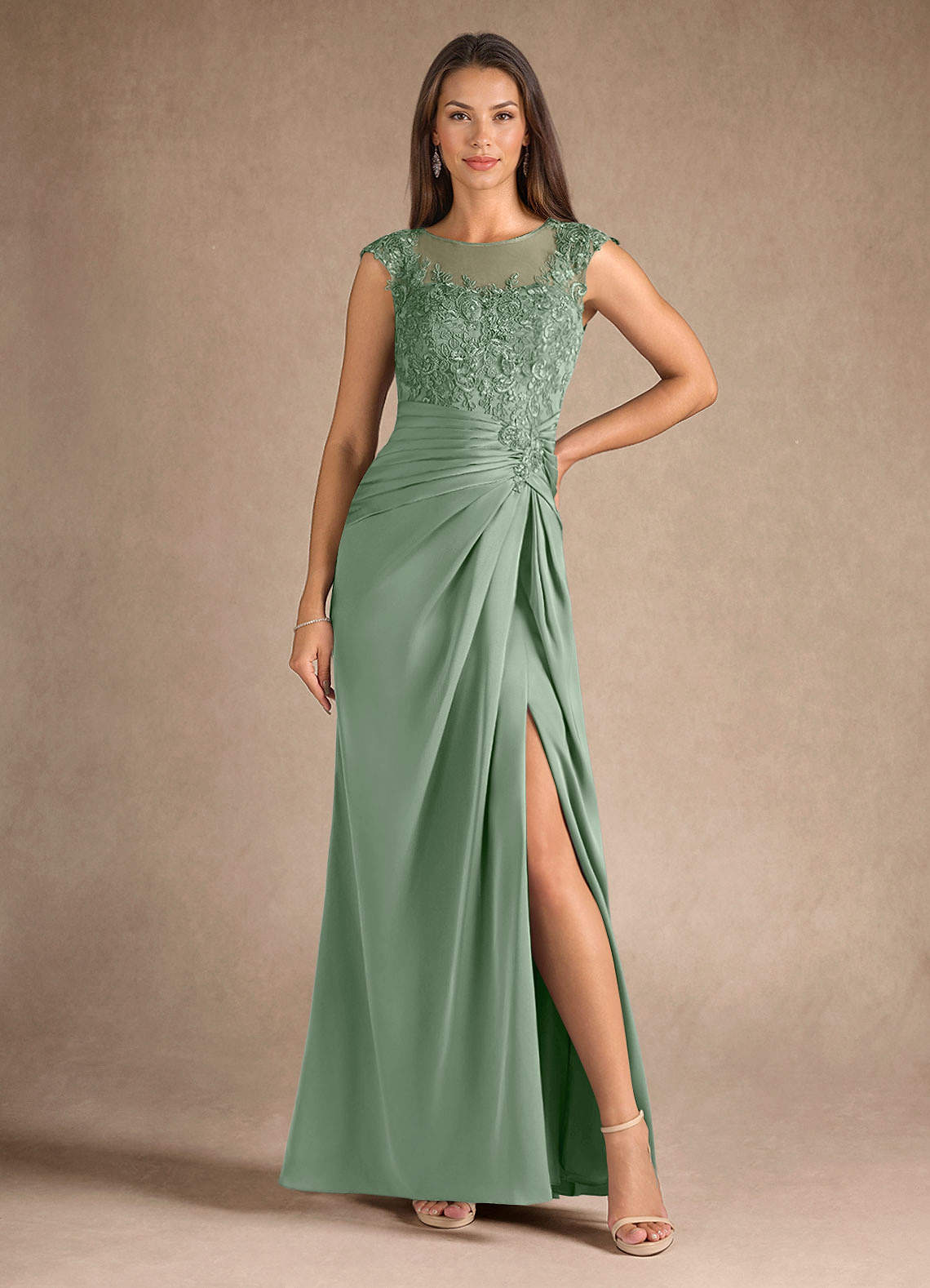 Azazie Santa Barbara Mother of the Bride Dresses Matcha Sheath Pleated Stretch Satin Dress image4