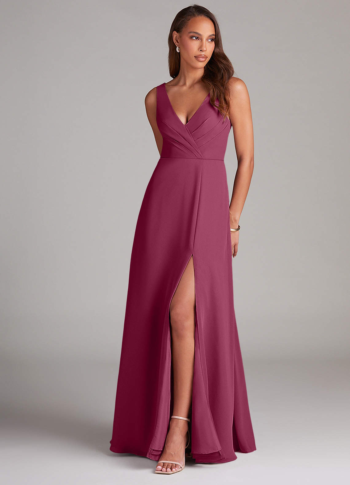 Azazie Nelly Brautjungfernkleider A-Linie Plissee Chiffon Kleid Maulbeerrot image1