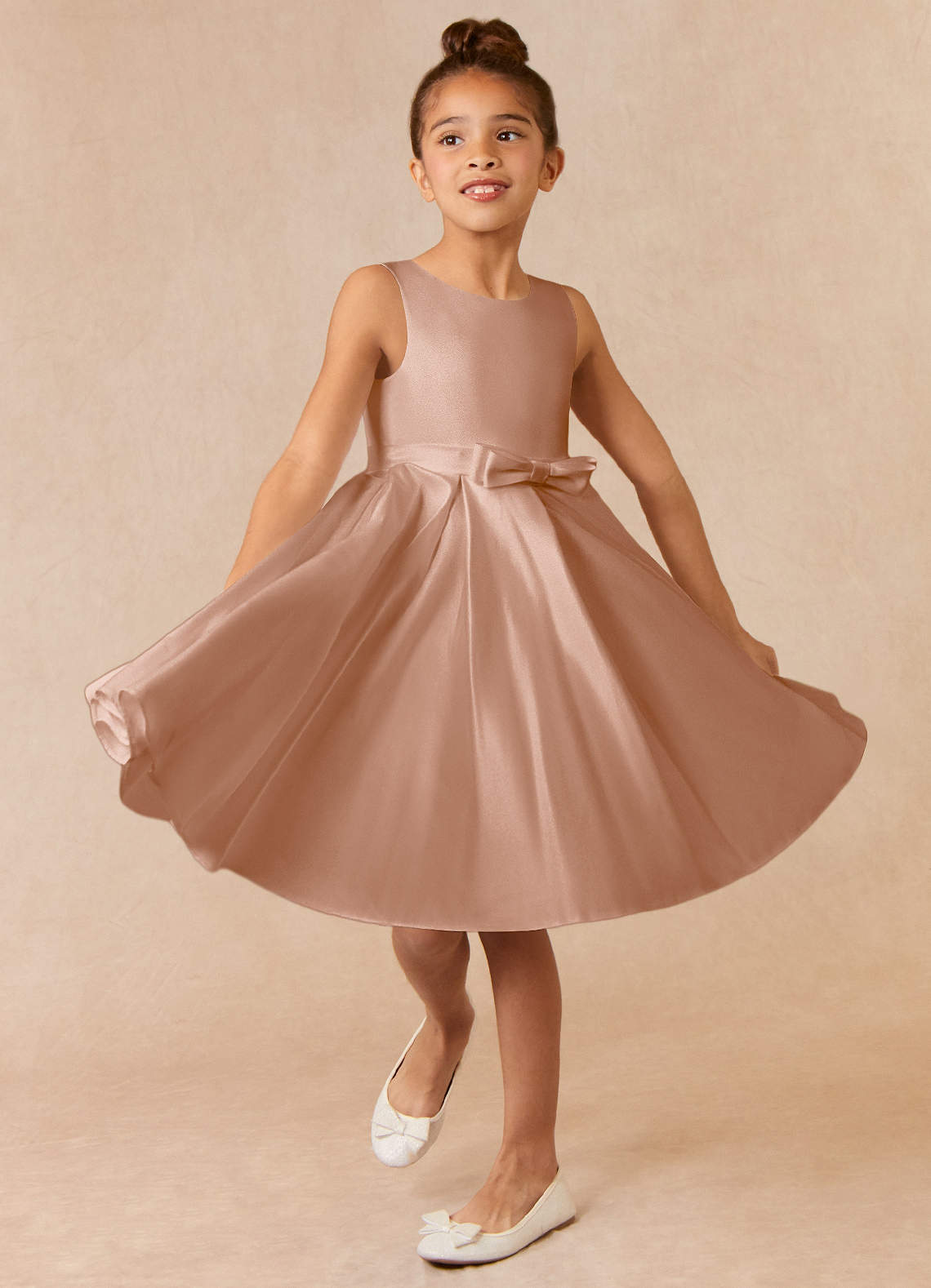 Azazie Coco Flower Girl Dresses Champagne Rose A-Line Bow Matte Satin Dress image1