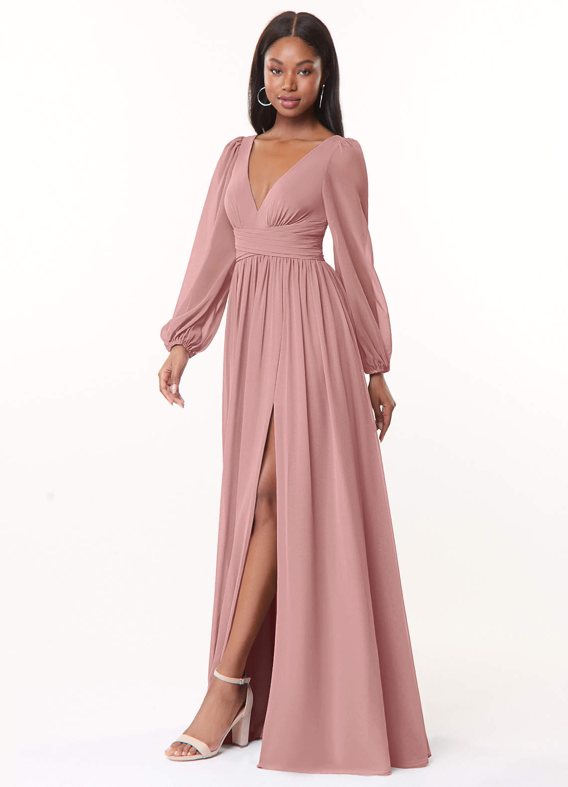 Azazie Norah Abiti da Damigella Abito A-Line in Chiffon con Maniche lunghe e Scollo a V Rosa Polverosa image3
