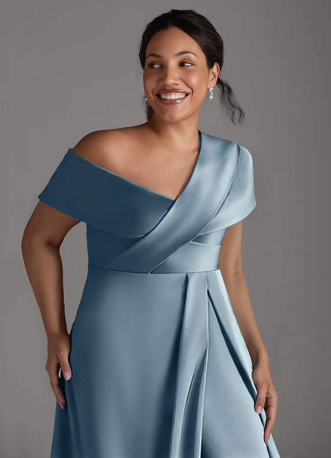 Azazie Milton Mother of the Bride Dresses Dusty Blue A-Line Pleated Stretch Satin Dress image12